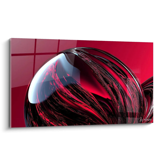 Un dipinto futurismo astratto che mostra forme fluide con tonalità rosso vivo, nero e bianco, e texture lisce riflettenti.
