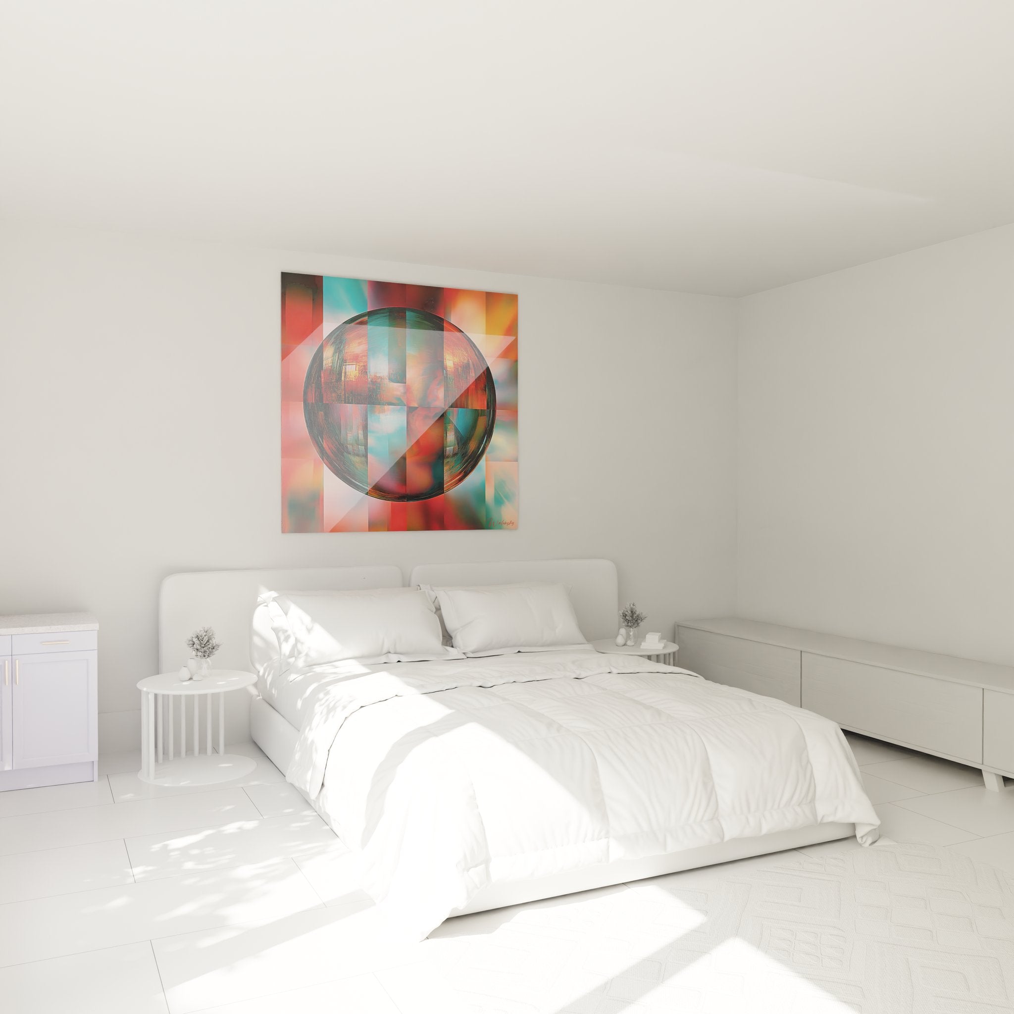Tableau sphère optique géométrique abstraite décorant une chambre moderne contemporaine