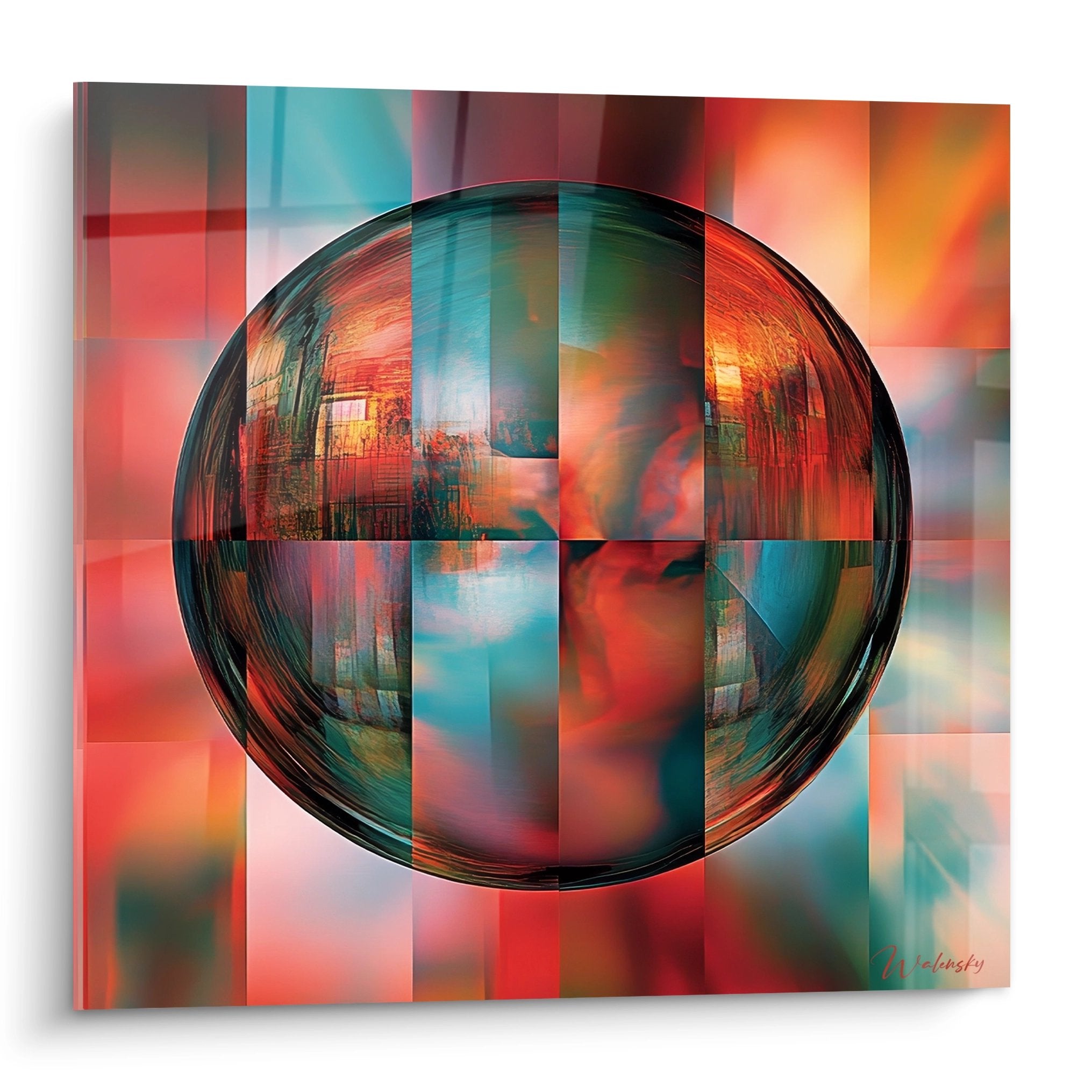 Tableau mural sphère optique abstraite géométrique aux reflets colorés orange bleu rouge