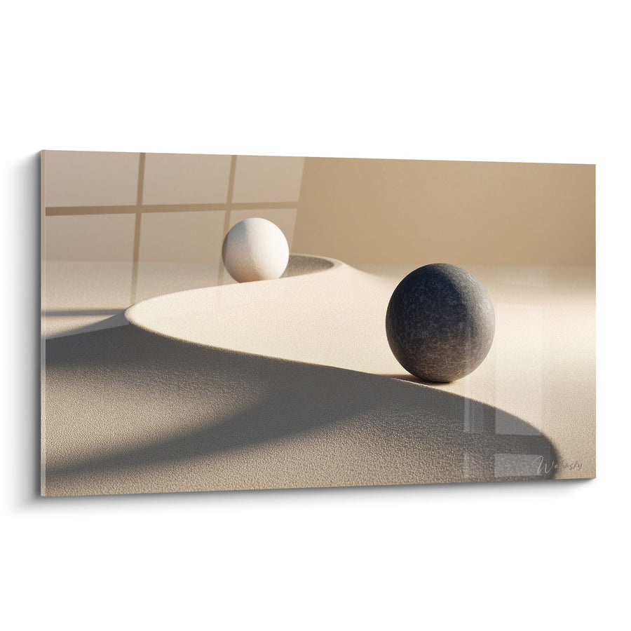 Tableau sphères beige et anthracite sur surface courbe - Équilibre Minimaliste - Edition Sable