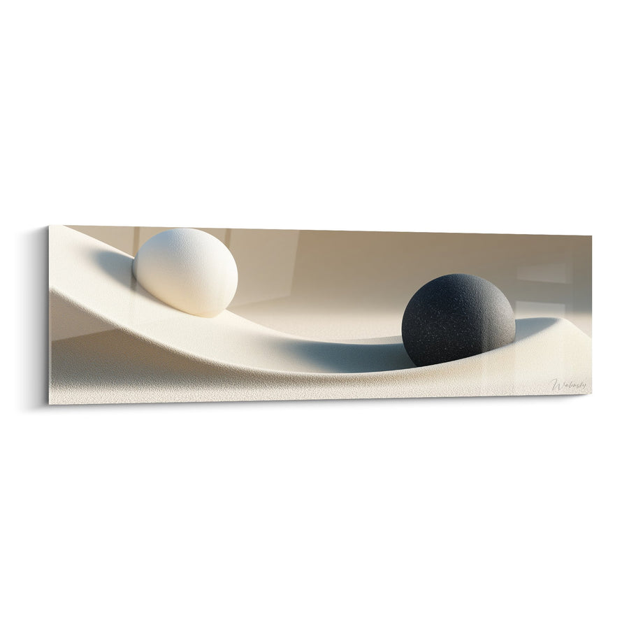 Tableau Sphères Blanc et Noir sur Dunes Beiges - Équilibre Minéral - Edition Sable