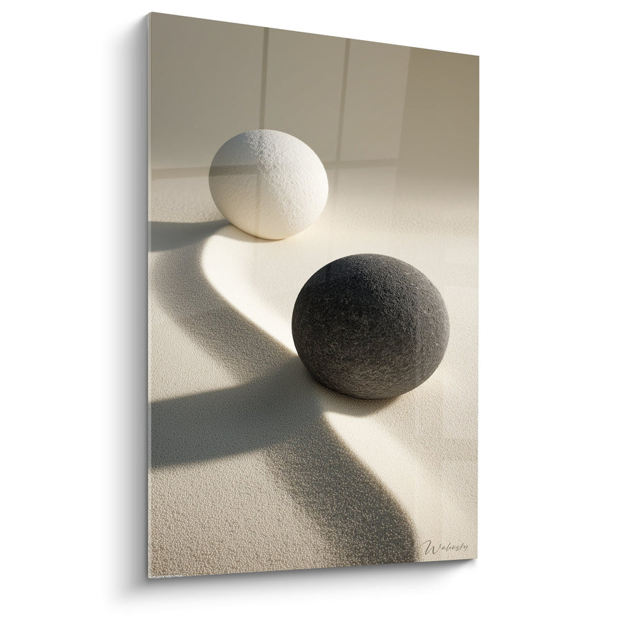 Tableau Sphères Noire et Blanche sur Sable Beige - Équilibre Minéral - Edition Sable