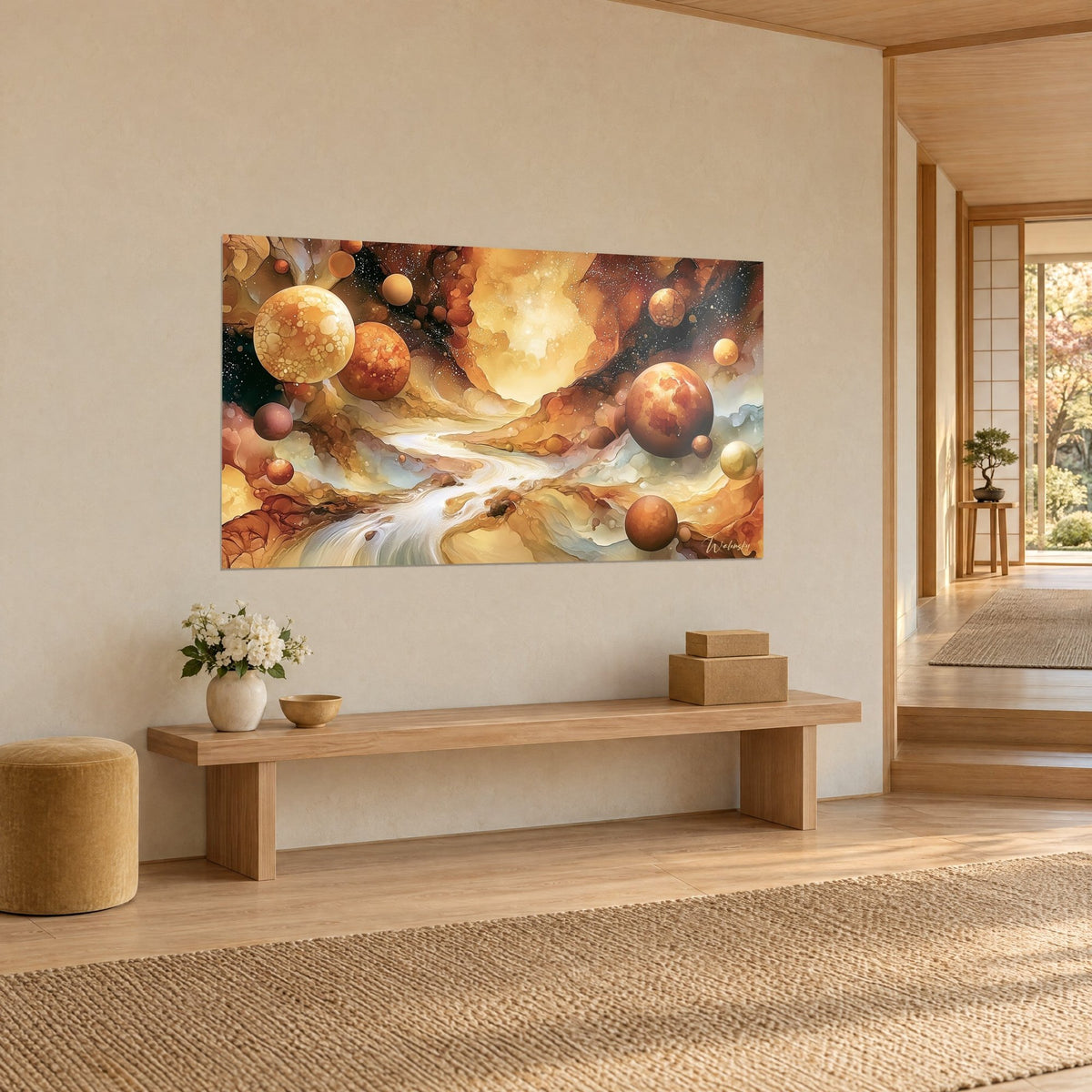 Tableau planètes cuivrées flottant sur un fleuve crème, halo jaune au centre, vue de trois-quarts dans un couloir de maison japandi