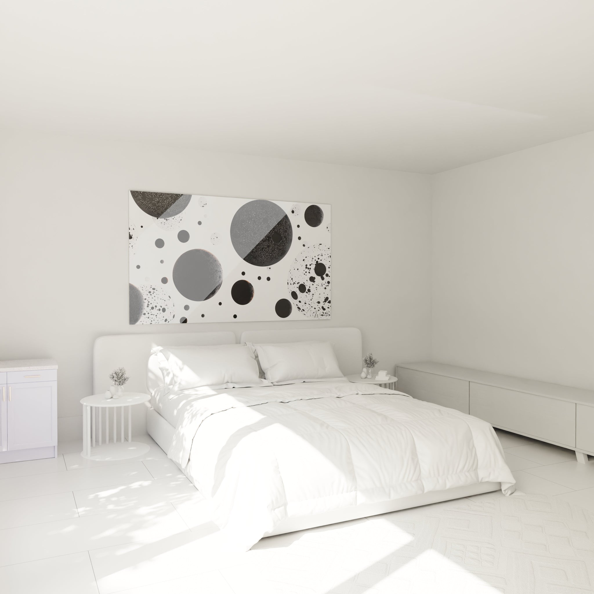 Tableau tacheté noir et blanc de Walensky décorant un espace chambre moderne et minimaliste