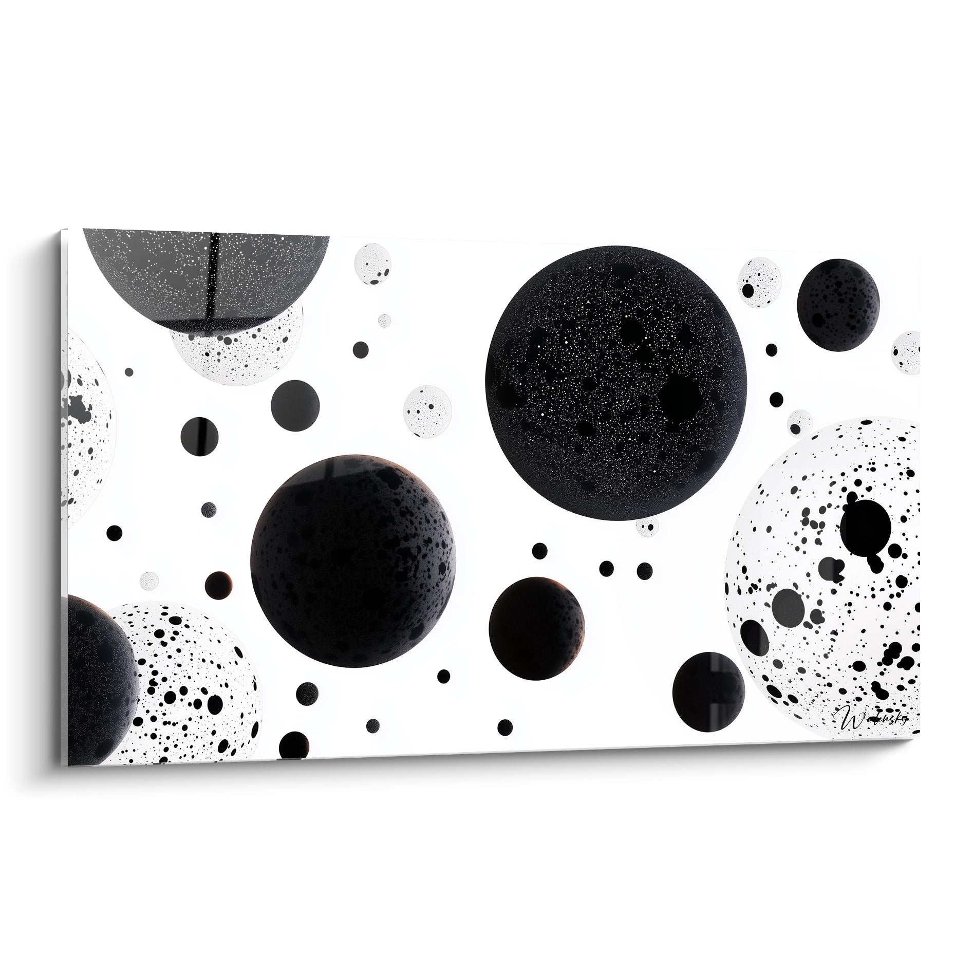 Tableau tacheté noir et blanc de Walensky avec de grandes sphères sur fond clair