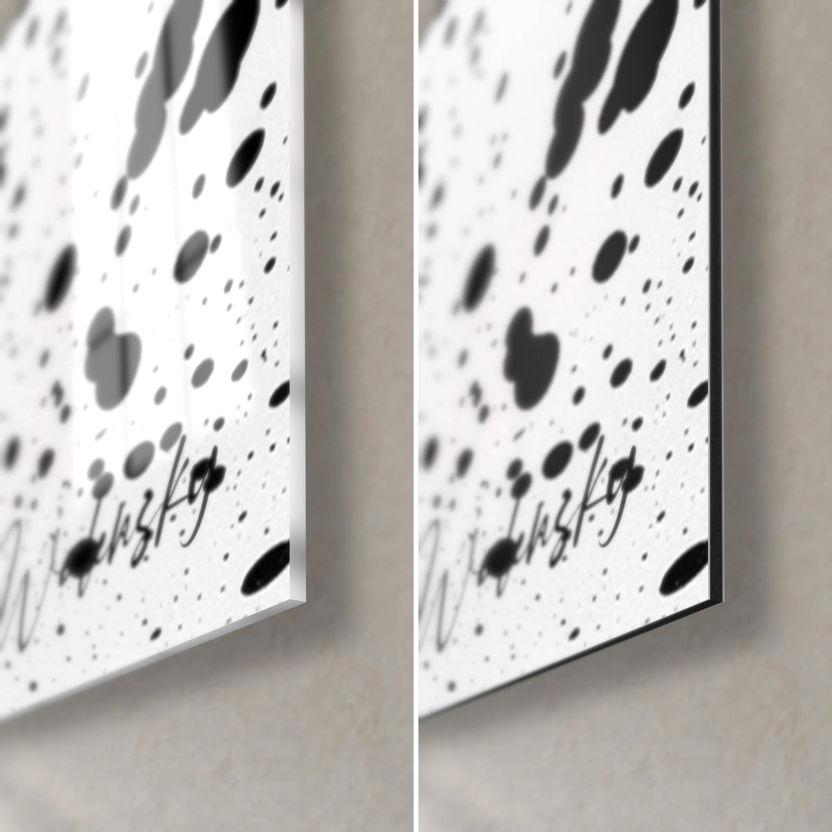 Quadro di globi neri punteggiati di bianco, angolo in basso a destra: vetro acrilico lucido a sinistra, alluminio Dibond opaco con bordo nero a destra