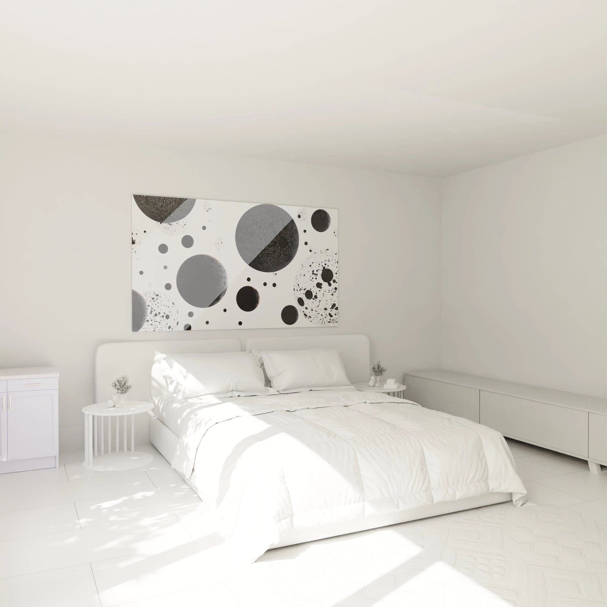 Tableau tacheté noir et blanc de Walensky décorant un espace chambre moderne et minimaliste
