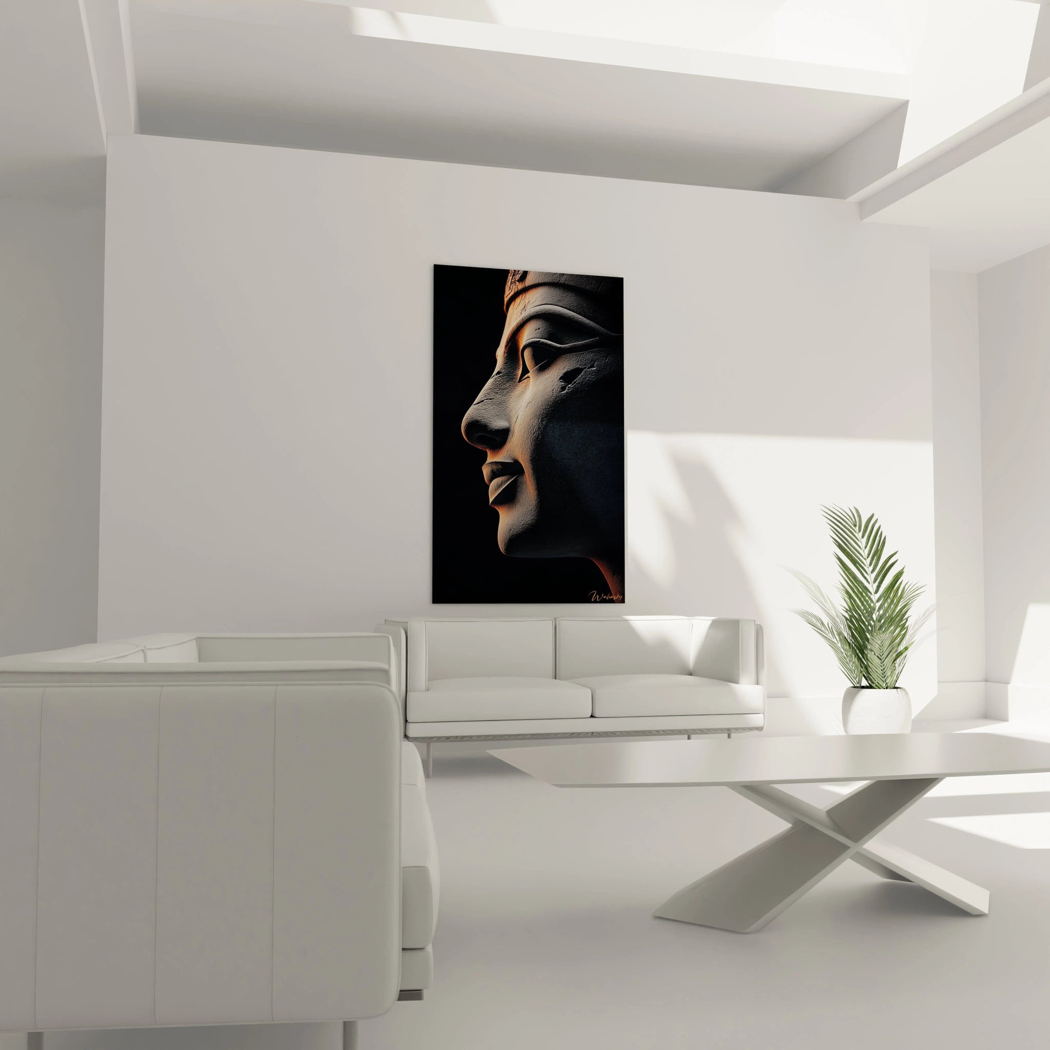 Un tableau art sphinx égyptien présentant le profil majestueux du gardien légendaire sculpté, avec jeu de lumière dramatique révélant la texture érodée de la pierre entre ombres profondes et lueurs dorées chaudes.
