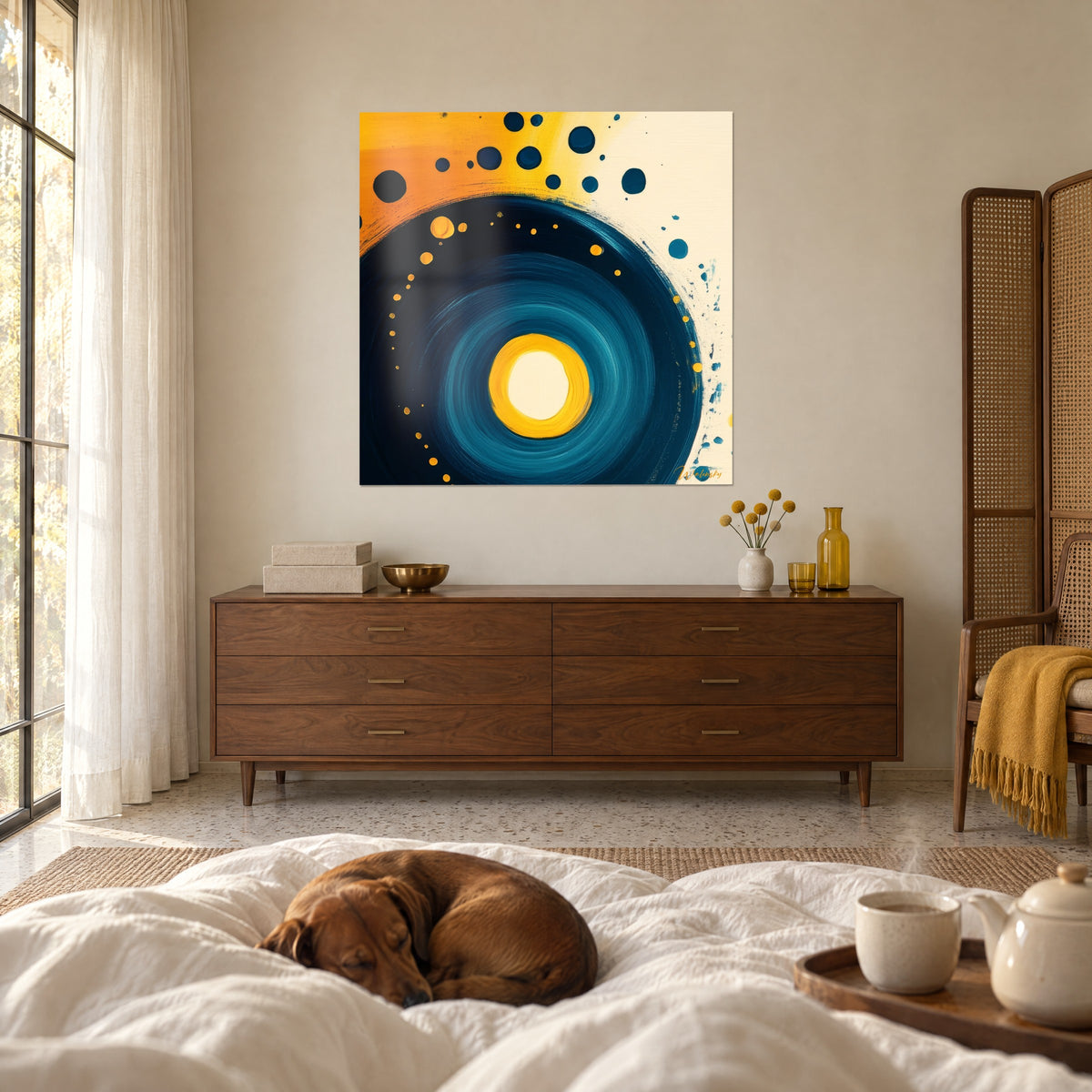 Cuadro remolino abstracto azul marino y naranja vivo, sol amarillo en el centro, teckel dormido, colgado encima de una cama en un dormitorio luminoso