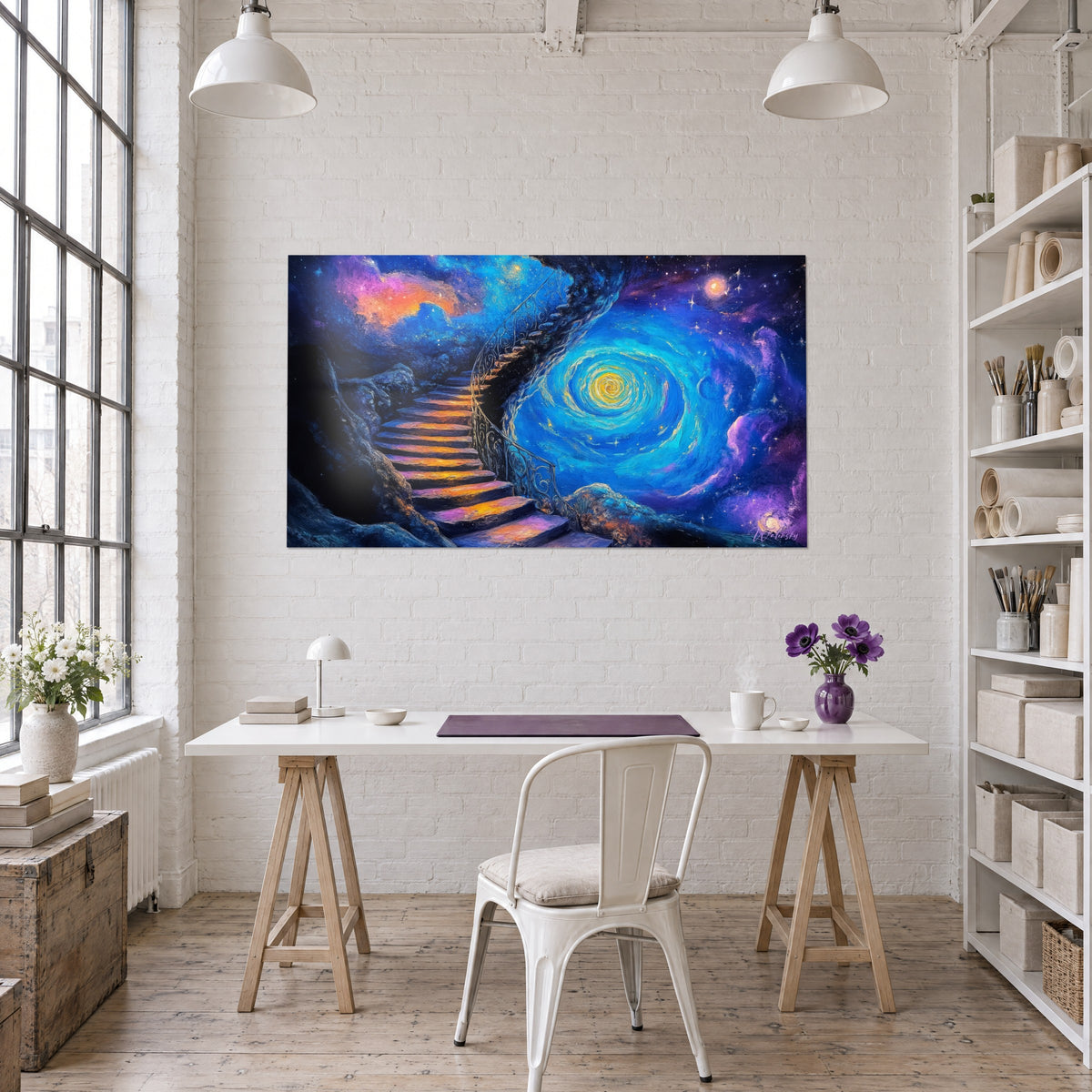 Tableau ciel étoilé en peinture à l'huile, nuages roses et violets autour d'une spirale bleue, bureau blanc, fleurs et bibliothèque