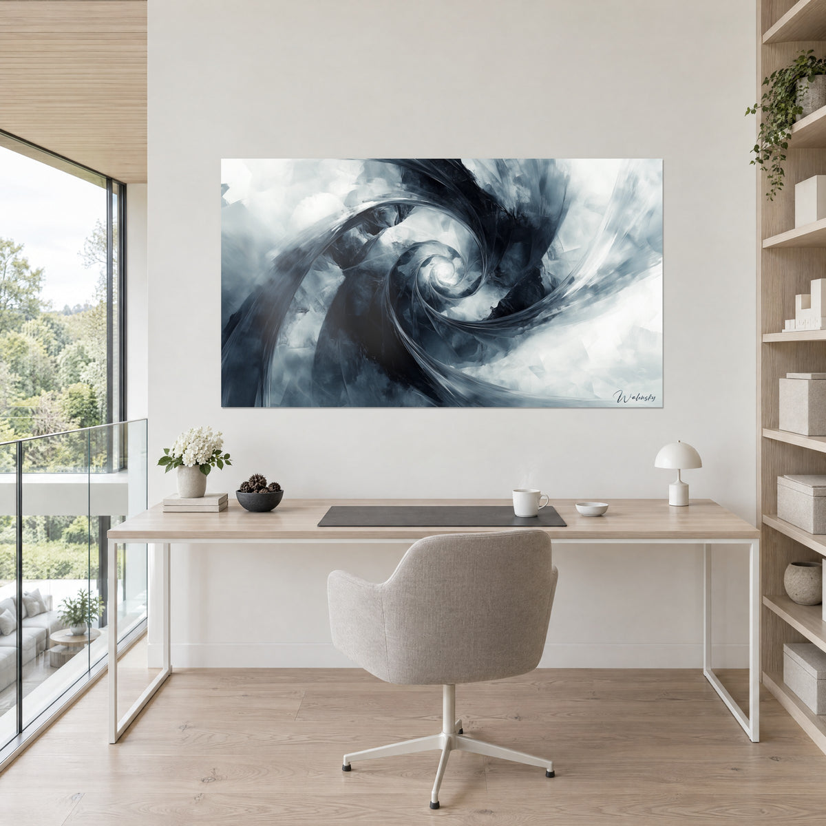 Quadro con nebulosa a spirale in grigio-azzurro e nero profondo, con bagliori bianchi, appeso sopra una scrivania chiara e una sedia
