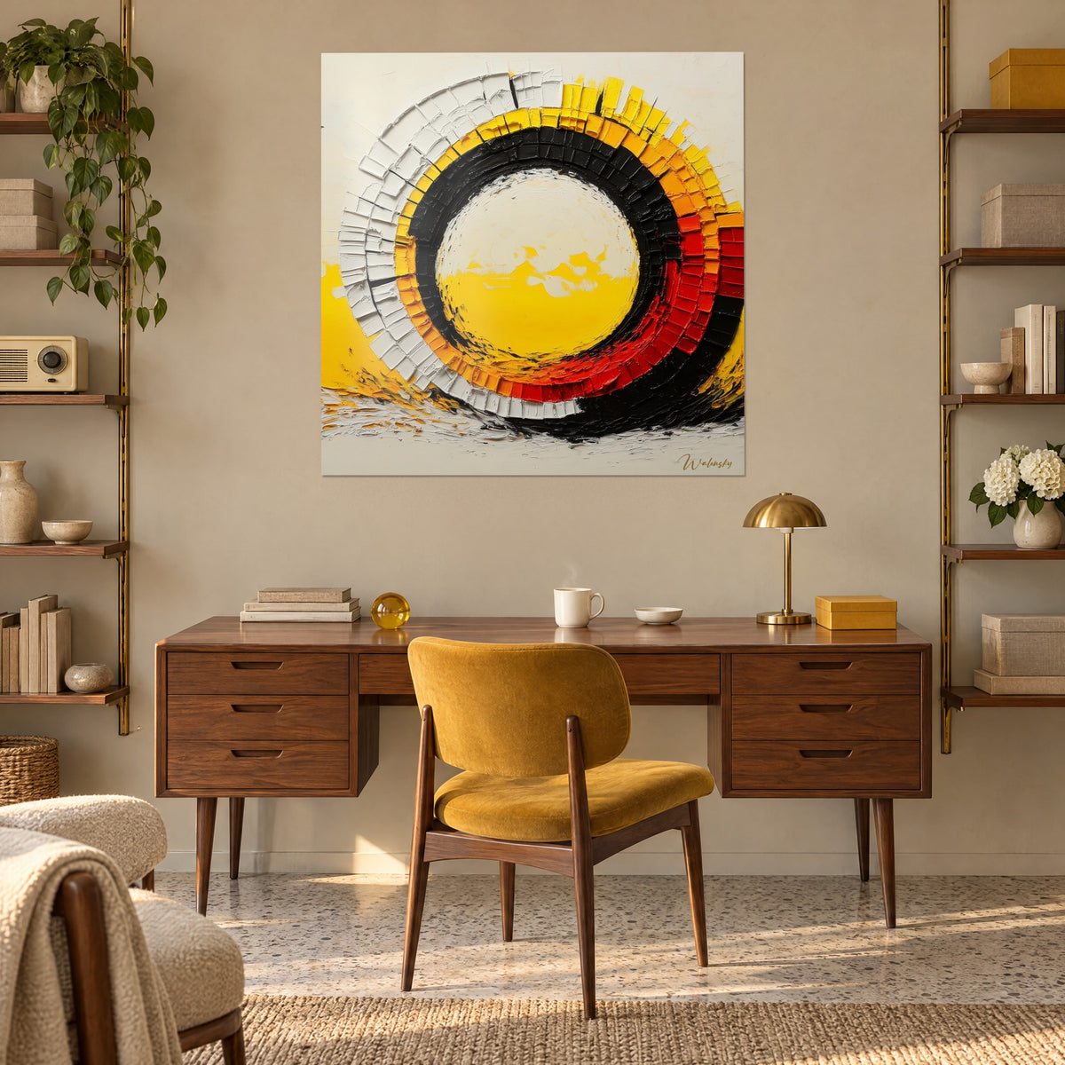 Cuadro con mandala abstracto de escamas de pintura amarilla, negra y roja, en la pared de un despacho de madera cálida, sillón mostaza delante