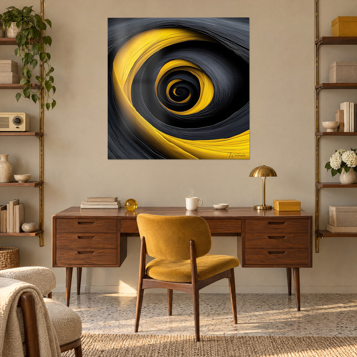 Cuadro con una espiral infinita de coladas ocre amarillo y gris antracita, encima de un escritorio de madera y un sillón mostaza