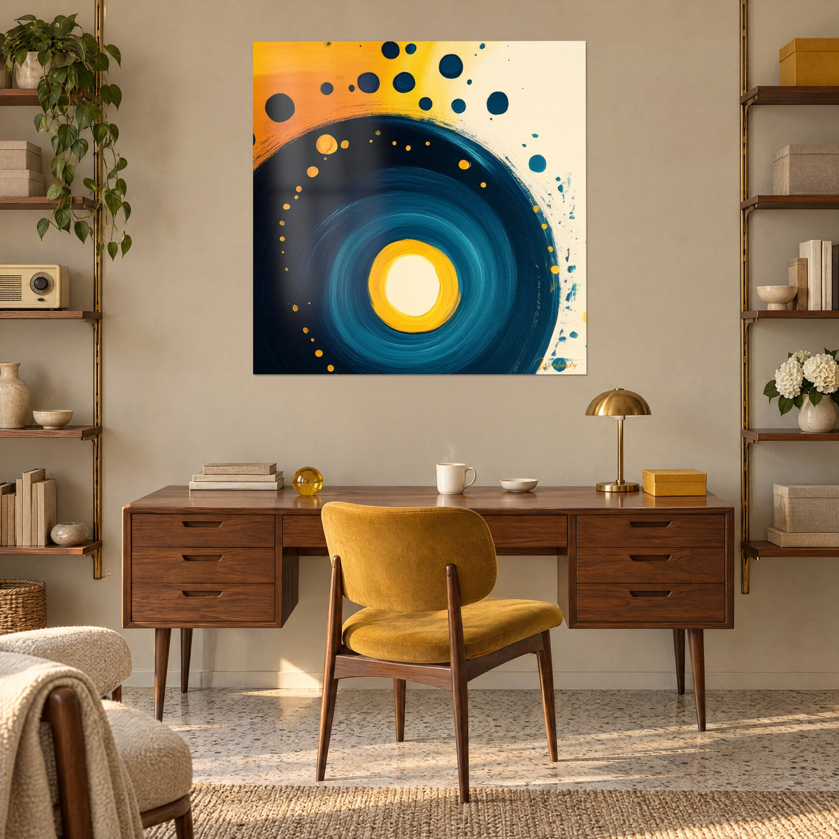 Cuadro ojo solar amarillo perfilado con azul azur y gotas negras, pared beige, escritorio de madera, sillón mostaza y estanterías