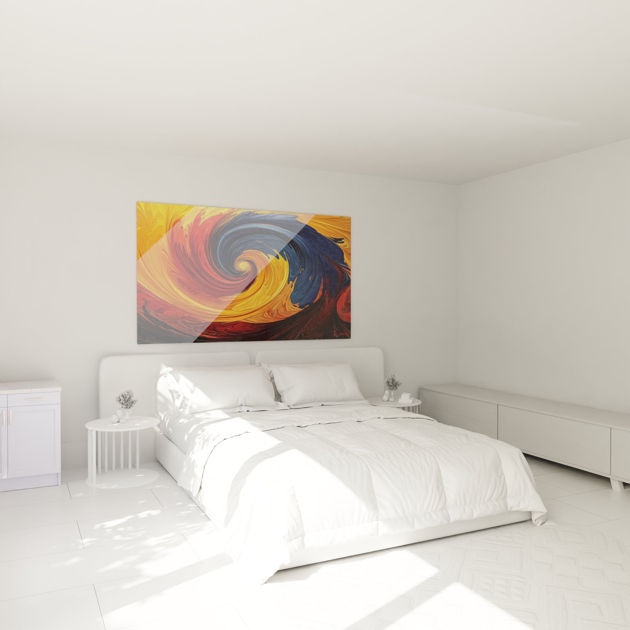 Tableau spirale tourbillon coloré dans chambre moderne décoration murale art abstrait ambiance