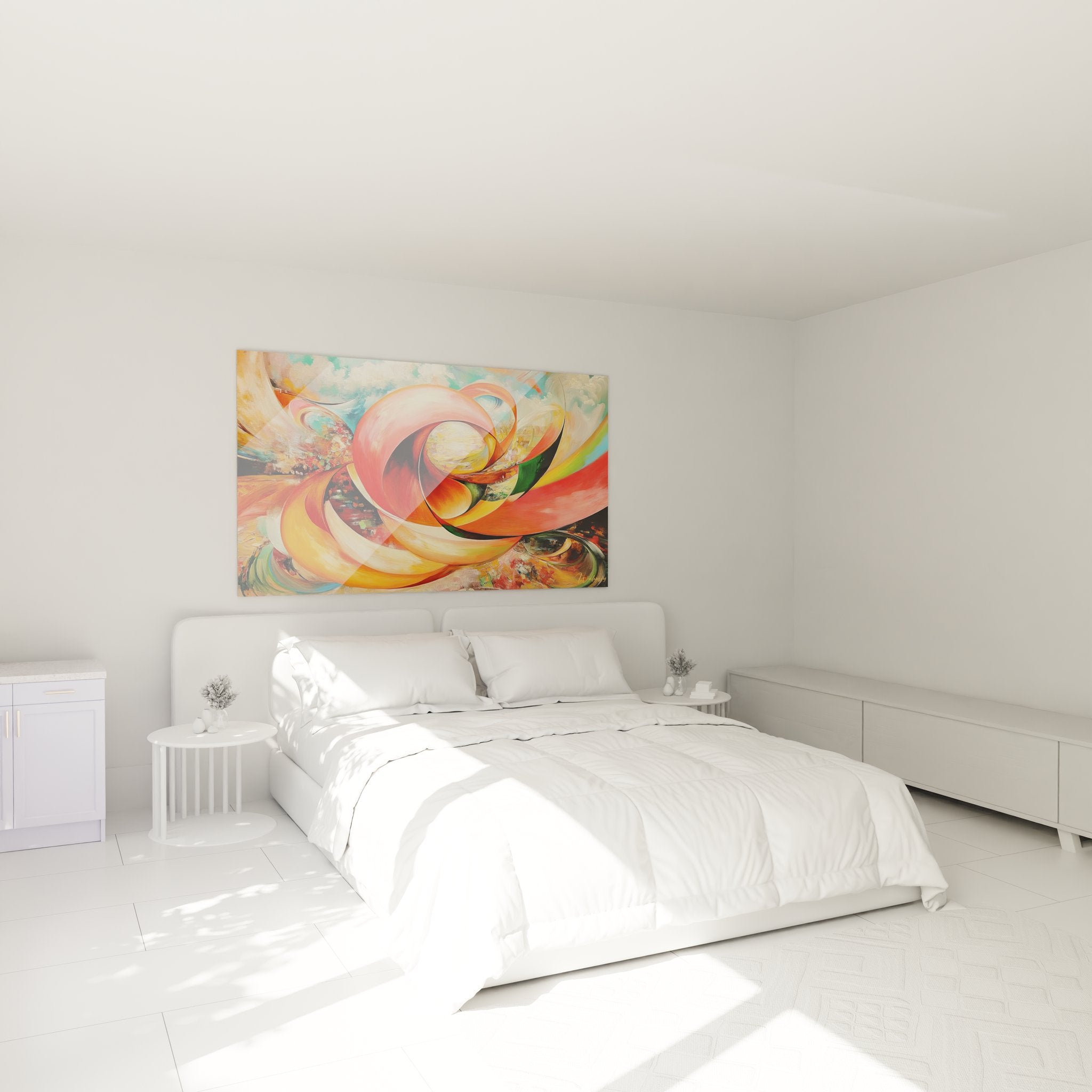 Tableau mural spirale abstrait rouge orange décorant une chambre moderne et contemporaine