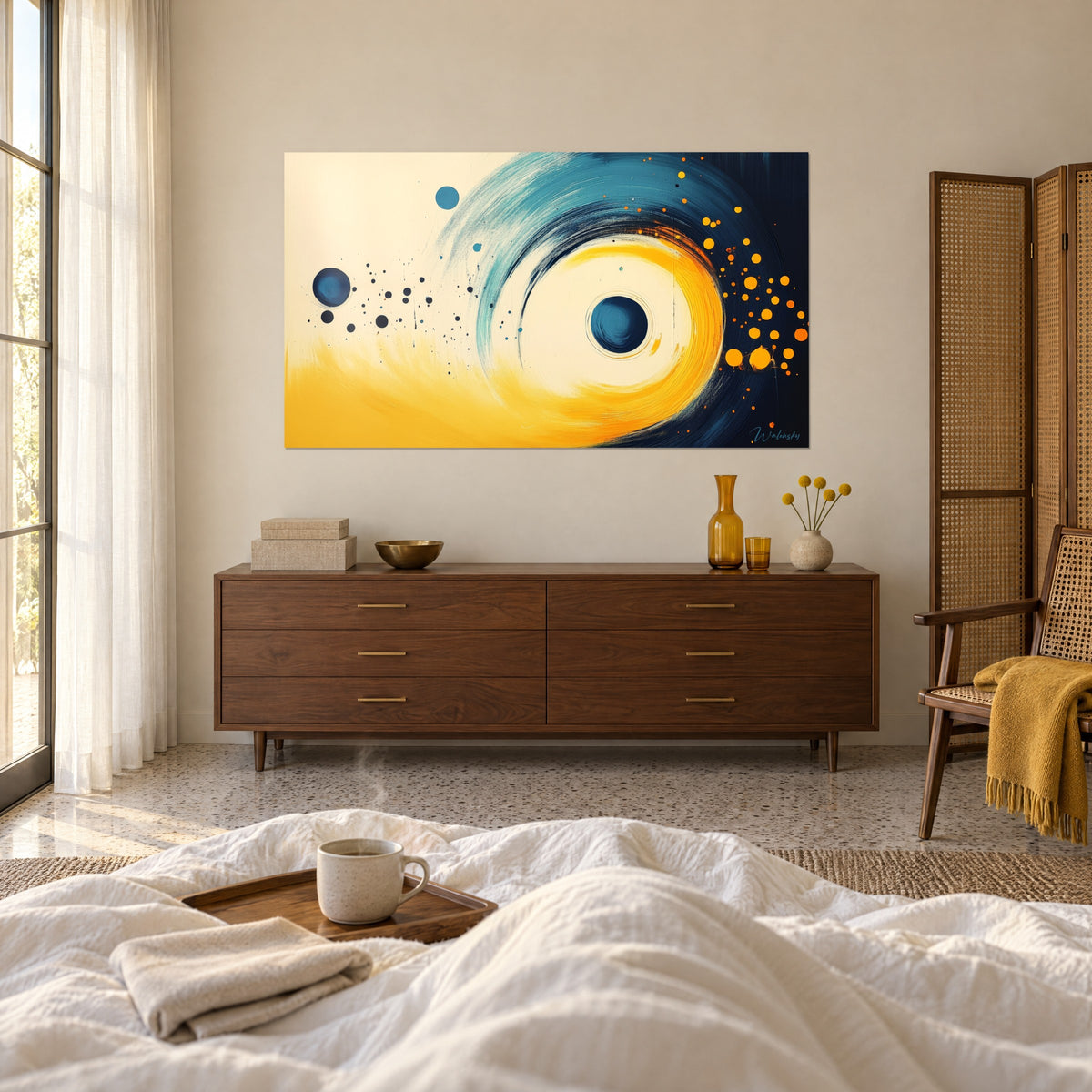 Cuadro galaxia abstracta en crema y amarillo sol, puntos azul marino, lluvia naranja, encima de una cama en un dormitorio luminoso