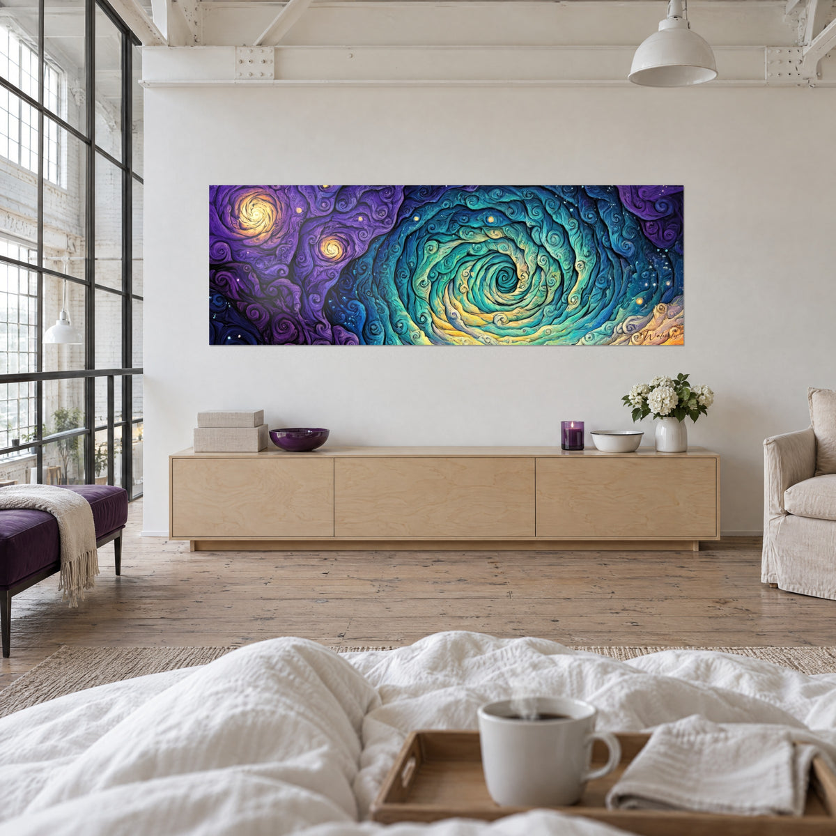 Gemälde Nebel in wasergrünen und violetten Spiralen, zwei Personen von hinten, über einem Bett in einem hellen Schlafzimmer