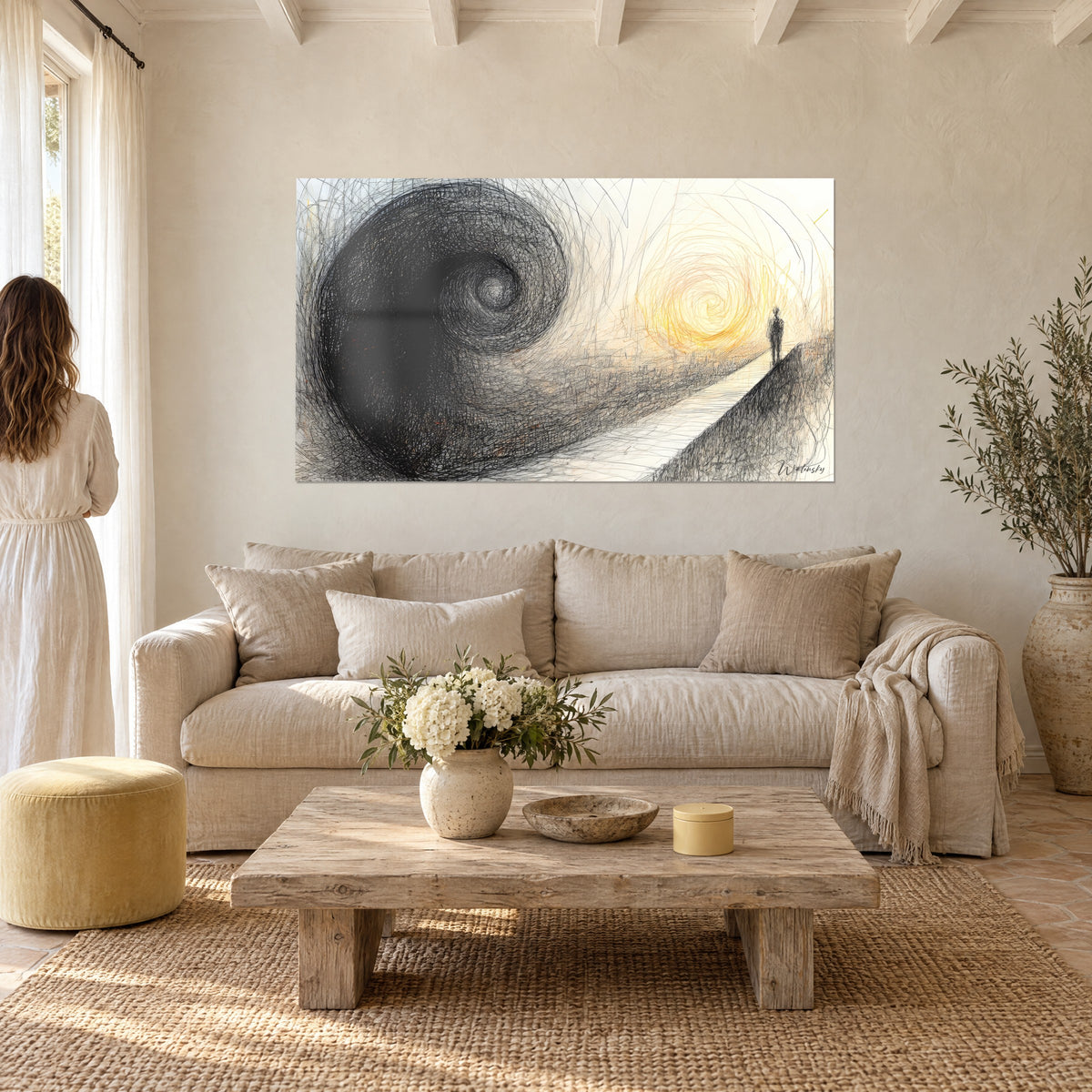 Cuadro de una espiral carbonosa que engulle un sol amarillo dorado, silueta sobre su cresta, encima de un sofá en un salón luminoso