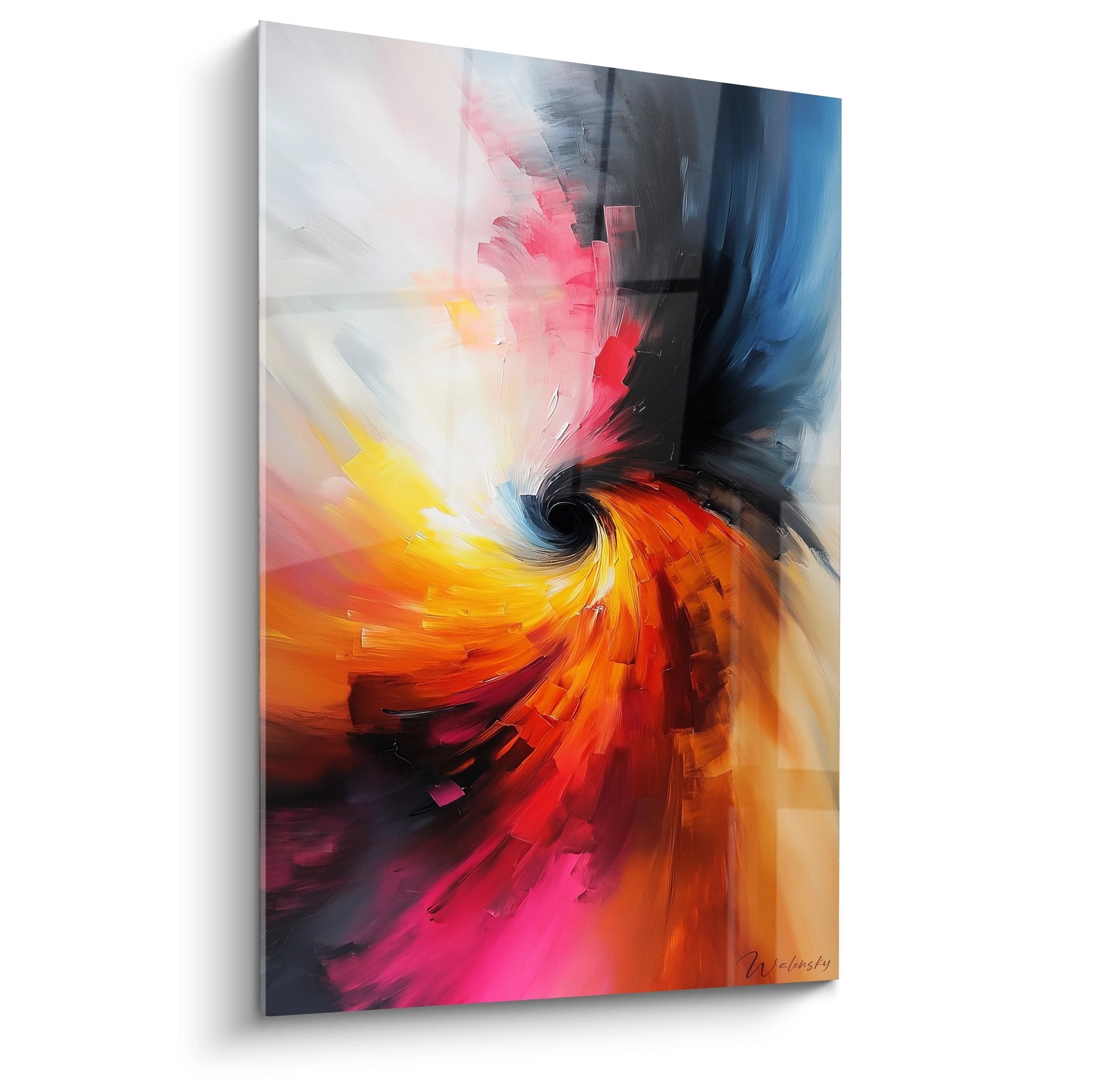 Tableau mural spirale abstrait aux couleurs vives rouge orange bleu, vortex dynamique moderne