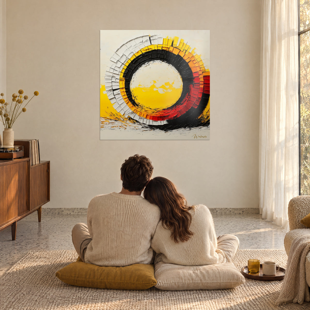 Cuadro con halo de pintura gruesa en negro, amarillo y rojo vivo sobre fondo beige, pareja de espaldas sentada en cojines, frente al ventanal