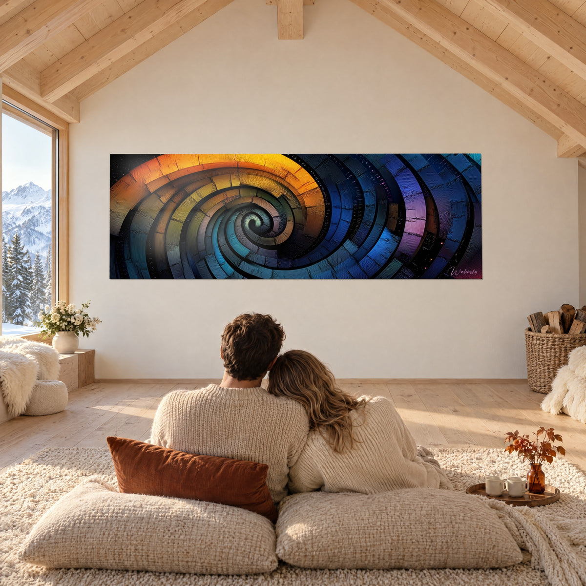 Gemälde mit kosmischem Mandala in Orange, Blau und Rosa, Paar eng umschlungen von hinten auf beigen Kissen, Hütte unter einer Holzdecke