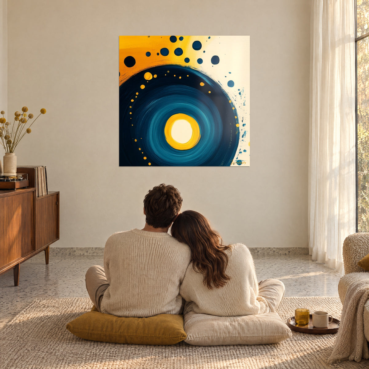 Cuadro disco lunar amarillo brillante en un remolino azul noche, manchas naranjas, pareja abrazada de espaldas sentada sobre cojines