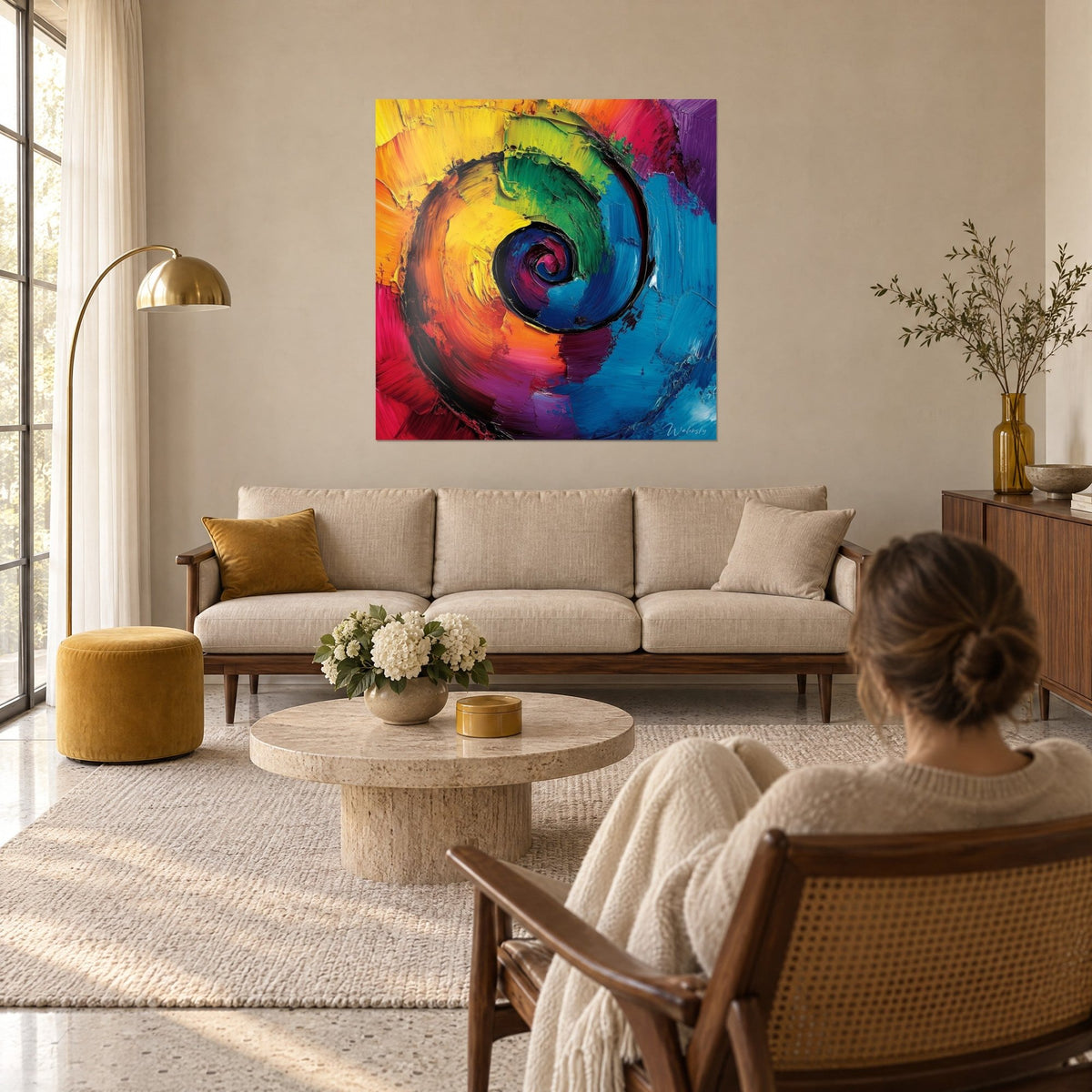 Wall art Multicolour spiral with thick yellow, green and blue brushstrokes, a woman seen from behind above a sofa in a bright living room