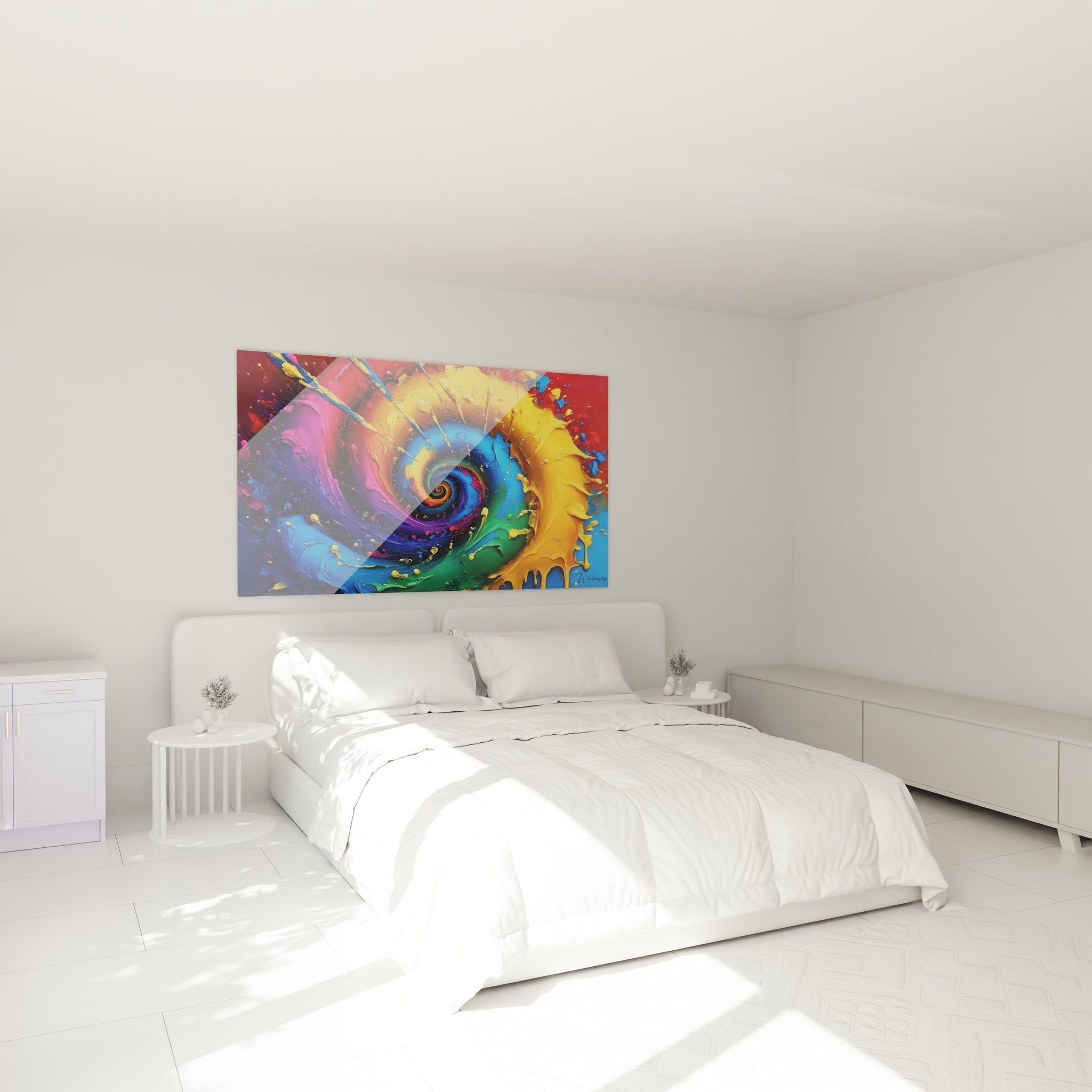 Tableau spirale multicolore décoratif dans ambiance chambre moderne avec art mural abstrait