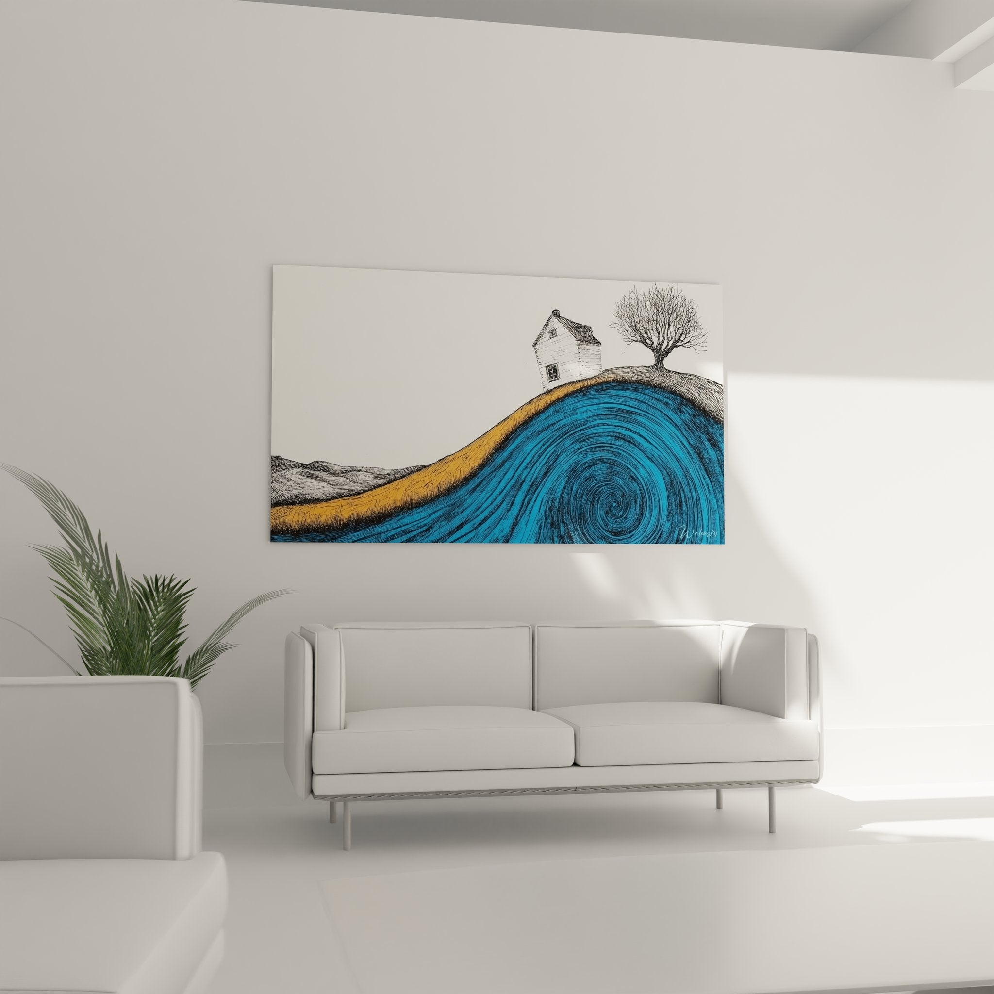 Gros plan détail tableau spirale bleue abstrait texture ondulante art mural contemporain