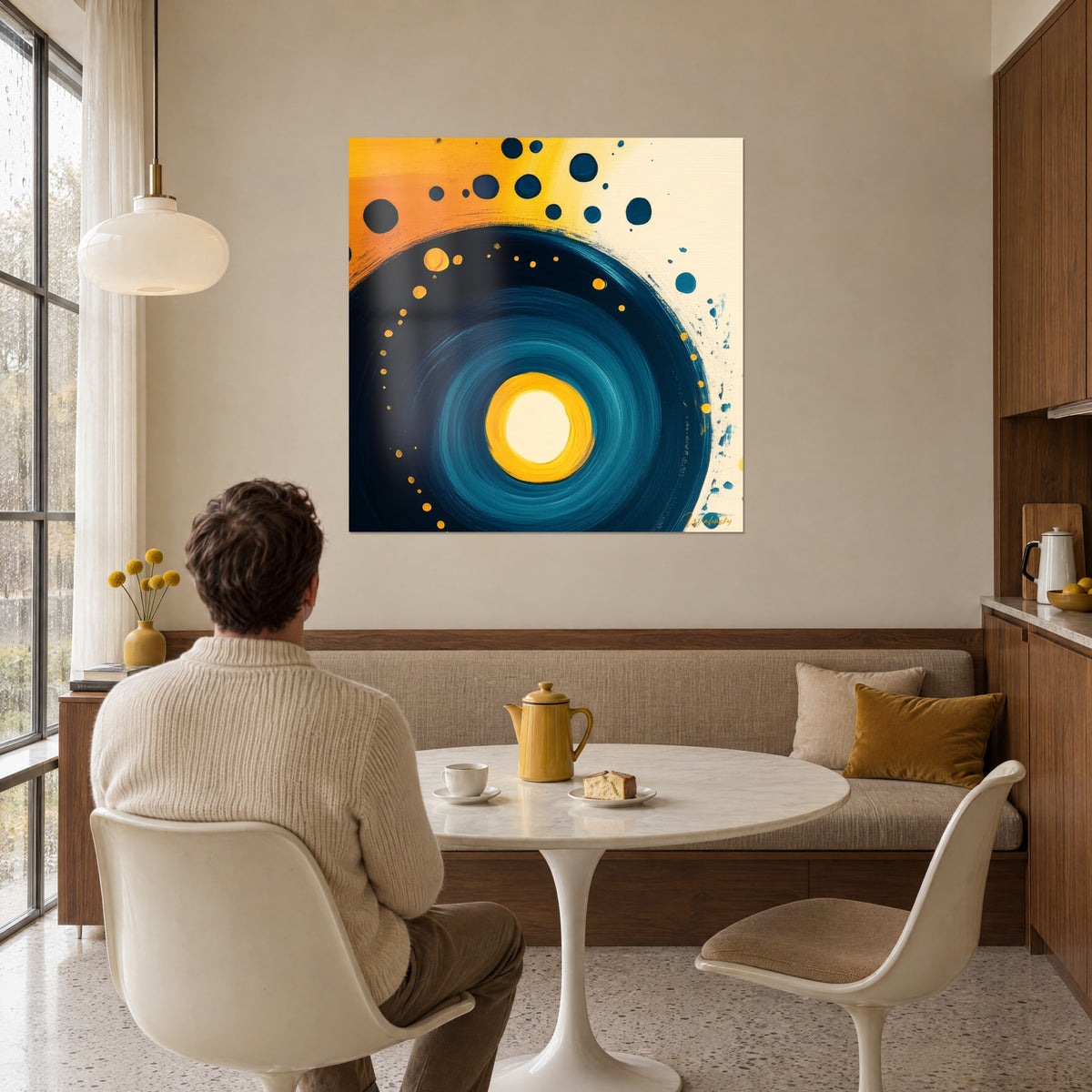 Cuadro galaxia pintada con pinceladas azul pato, lunares dorados sobre fondo crema, hombre de espaldas sentado a una mesa junto a un ventanal