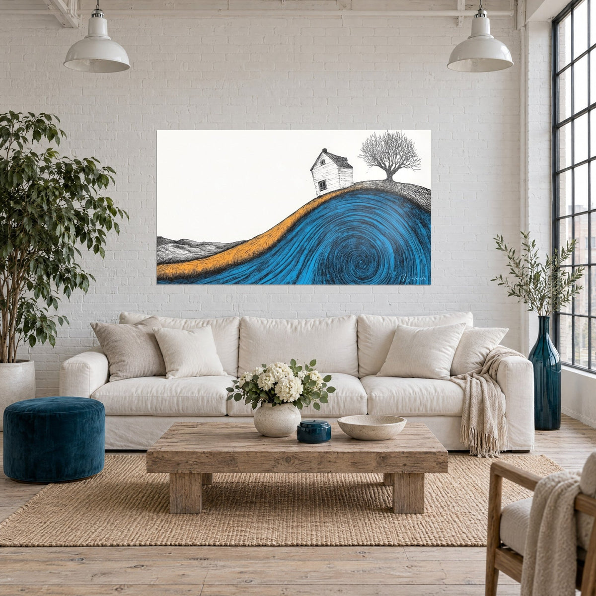 Gemälde eines schiefen weißen Hauses auf einem orangefarbenen Hügel, blaue Tintenspirale, über einem Sofa in einem hellen Wohnzimmer