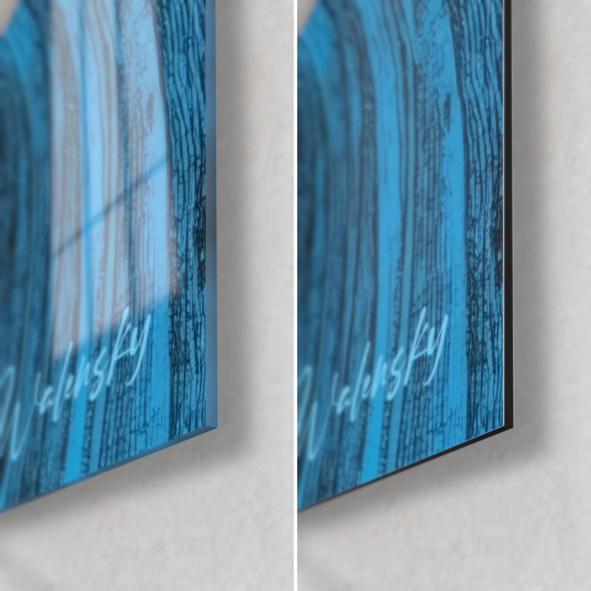 Gemälde einer azurblauen Tintenspirale mit eingravierten schwarzen Linien, untere rechte Ecke aus glänzendem Glas und mattem Dibond, 3 mm Kante