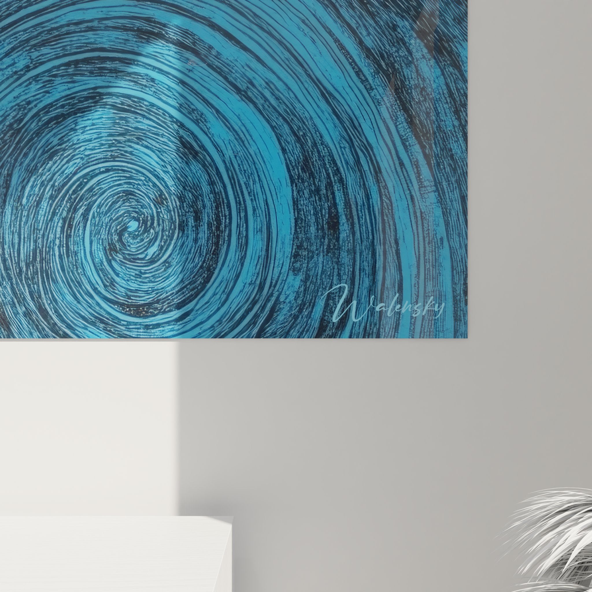 Vue ensemble tableau spirale abstrait maison colline bleue décoration murale complète