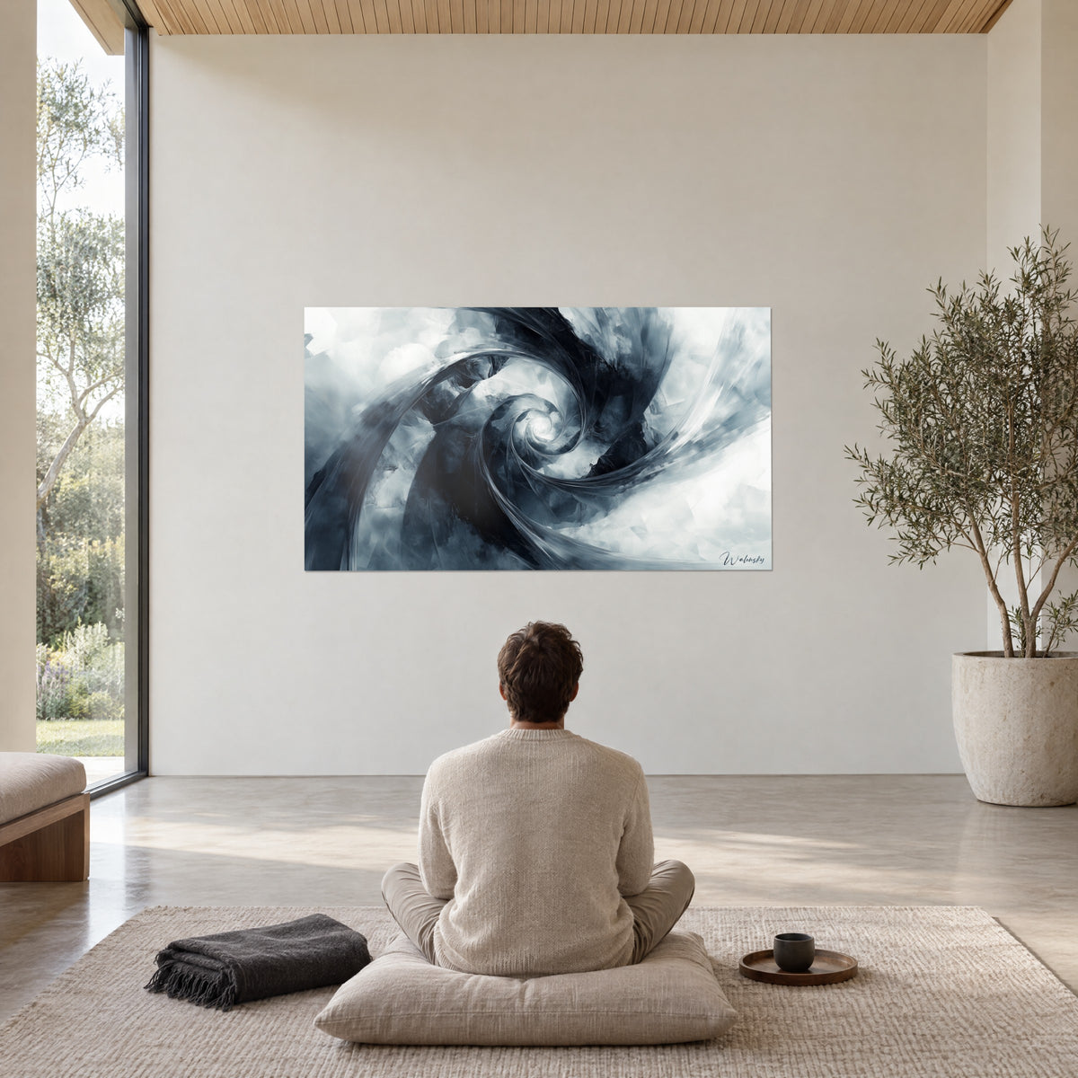 Quadro con voluta di foschia ardesia e bianco puro, dal nucleo luminoso, contemplata da una persona di spalle seduta in meditazione in una stanza essenziale