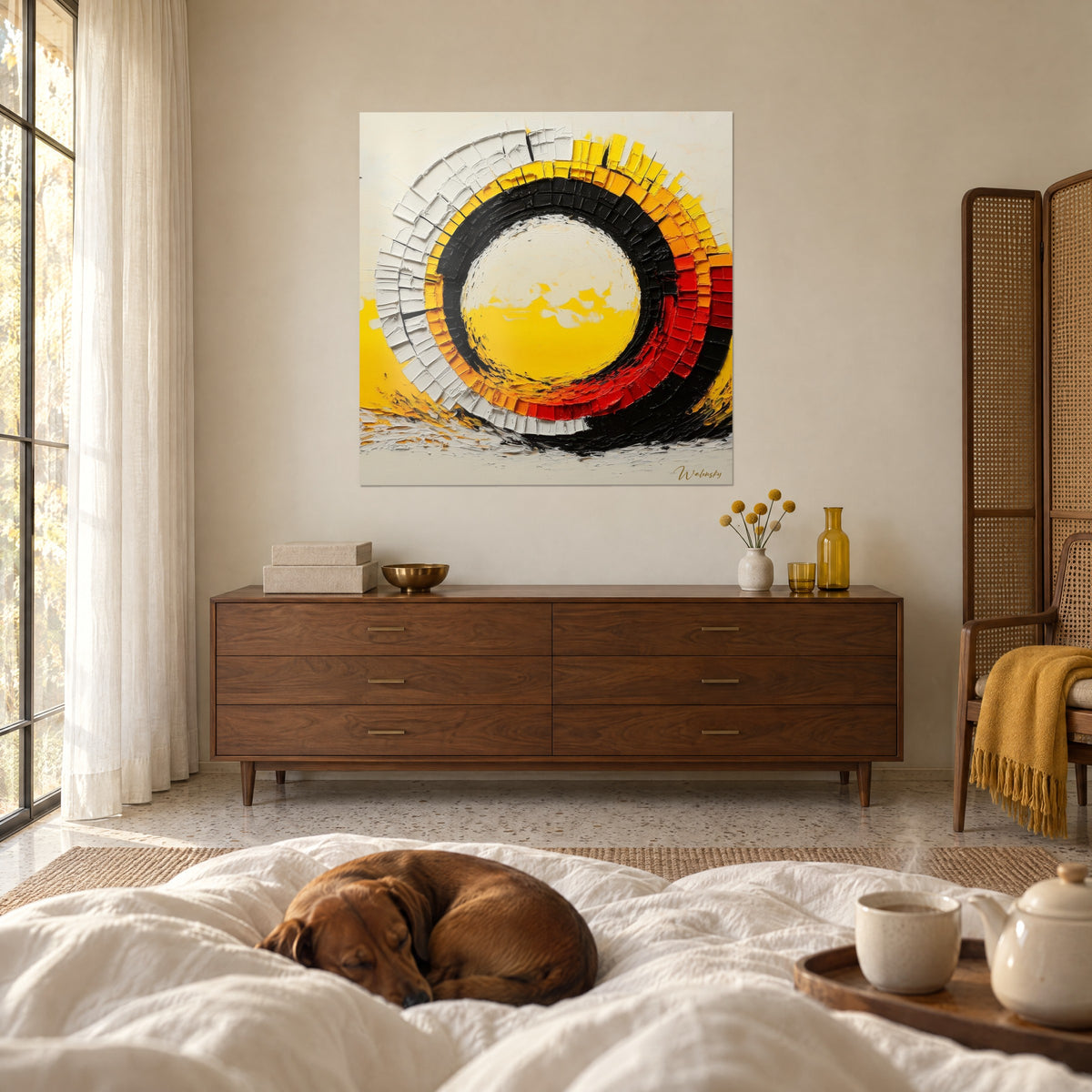 Cuadro con vórtice abstracto rojo sangre, negro profundo y amarillo sol, sobre una cama en un dormitorio luminoso, teckel dormido sobre el edredón