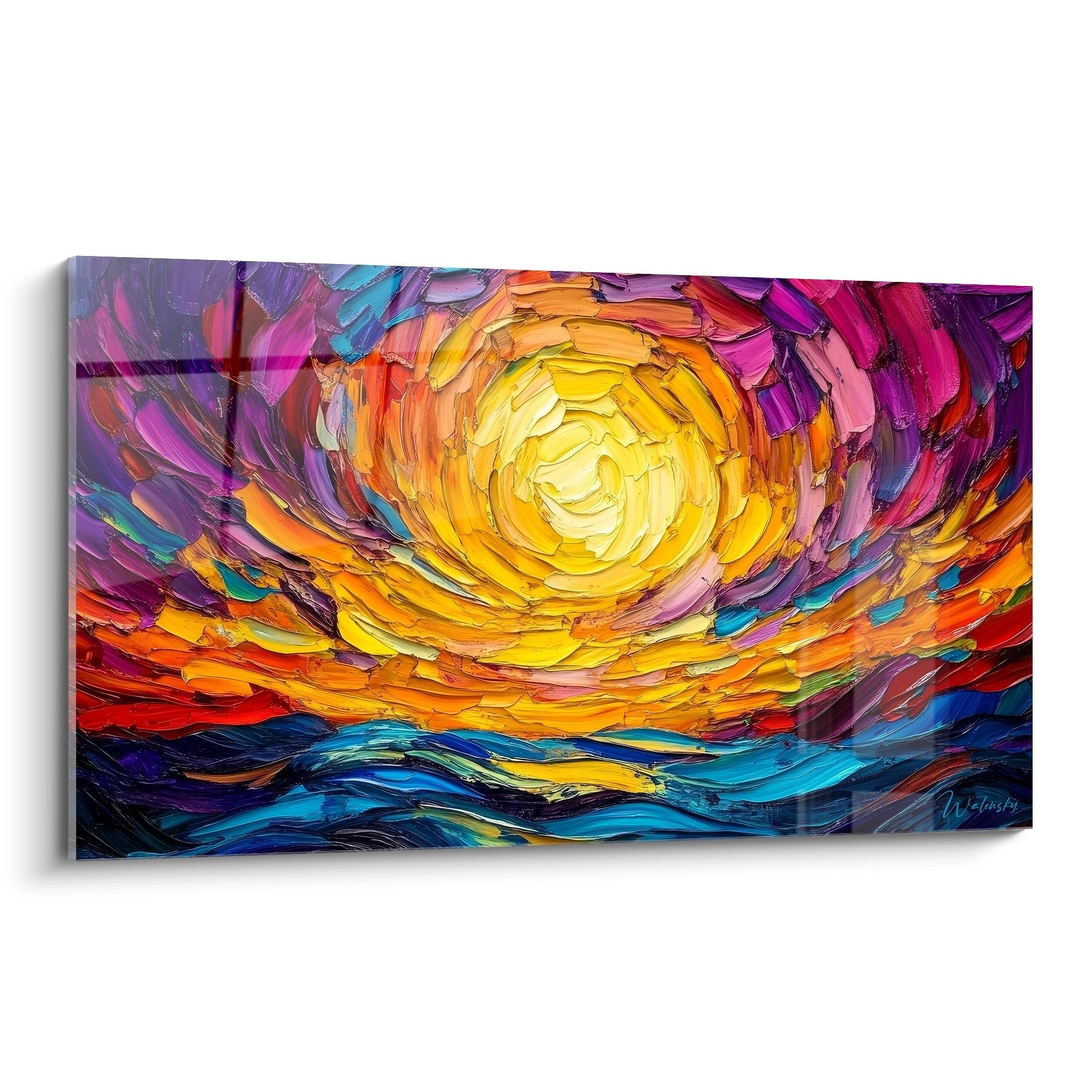 Tableau mural spirale abstrait soleil couchant couleurs vives jaune orange bleu violet art moderne