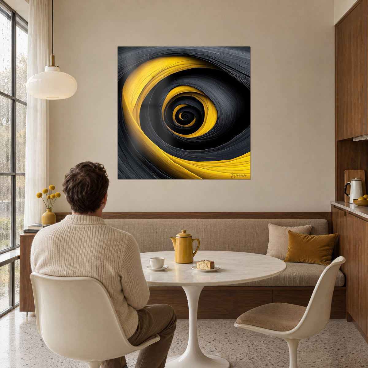 Cuadro con una voluta concéntrica de cintas amarillo vivo y negro mate, hombre de espaldas sentado a la mesa, en un salón con molduras de madera cálidas