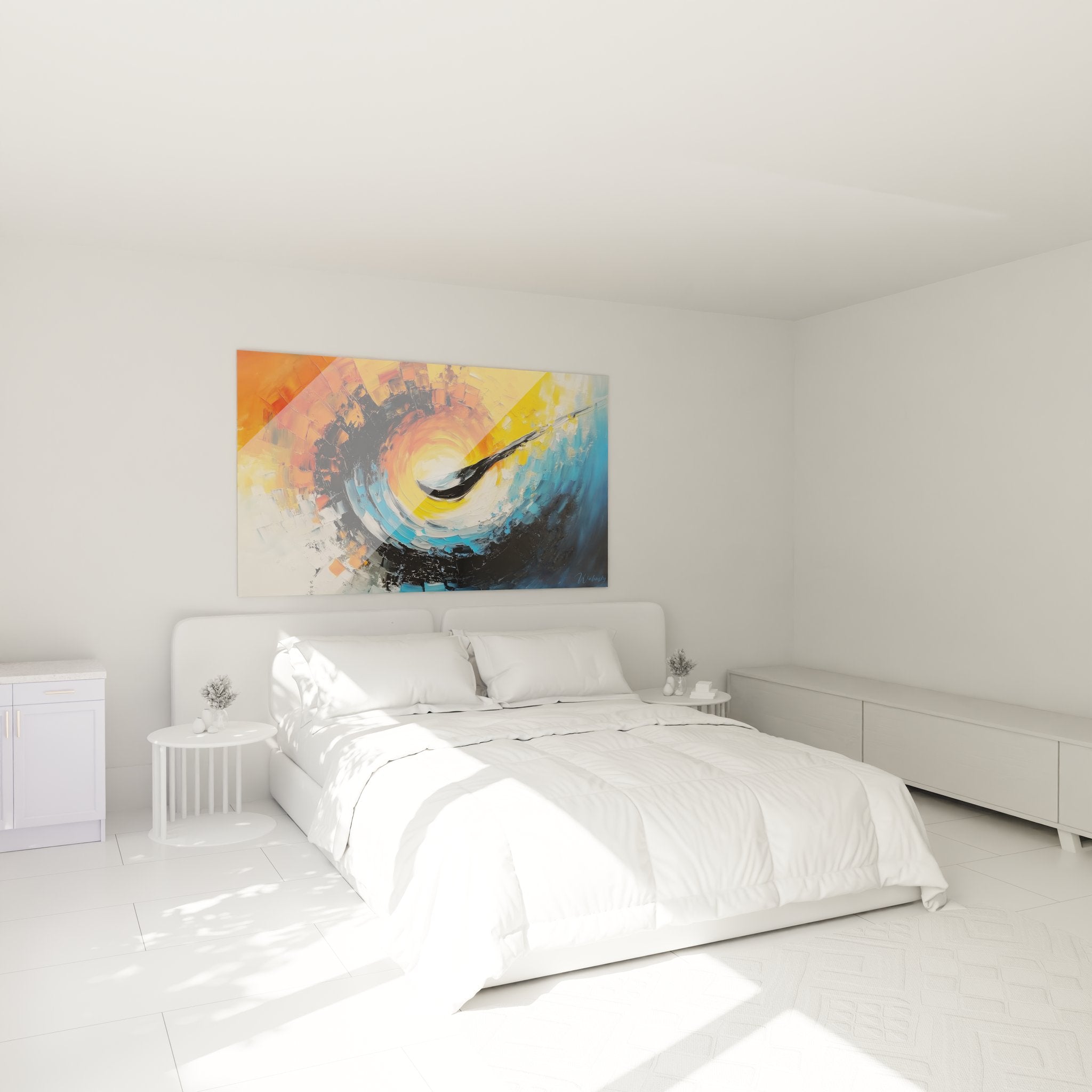 Tableau mural spirale abstraite installé dans chambre moderne, décoration contemporaine vortex coloré
