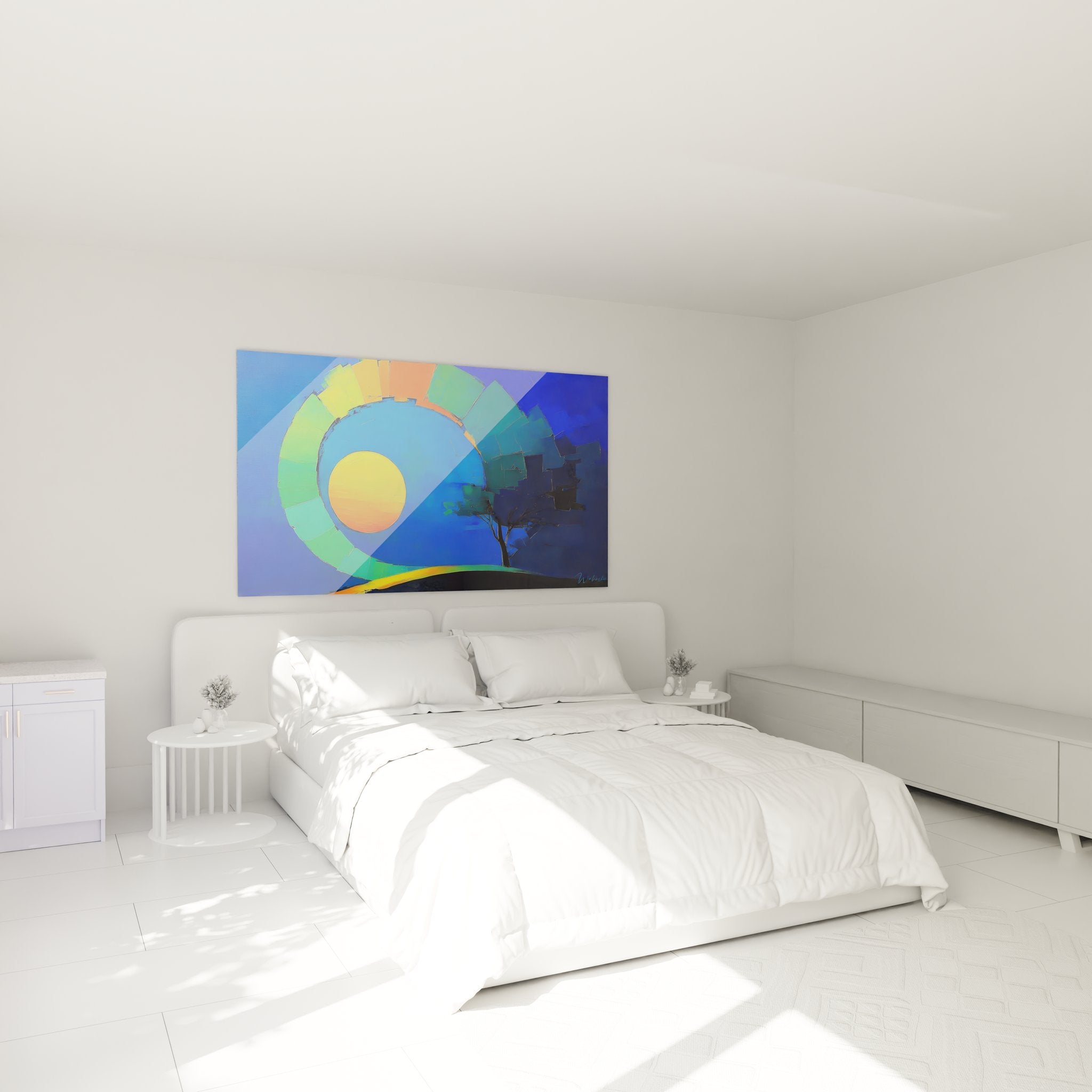 Tableau spirale cosmique colorée dans ambiance chambre moderne, décoration murale abstraite contemporaine