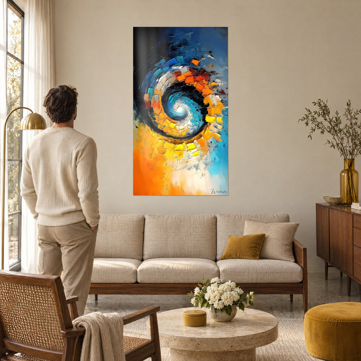 Tableau tourbillon cosmique aux éclats orange et bleu turquoise, vu par un homme de dos, au-dessus d'un canapé dans un salon lumineux