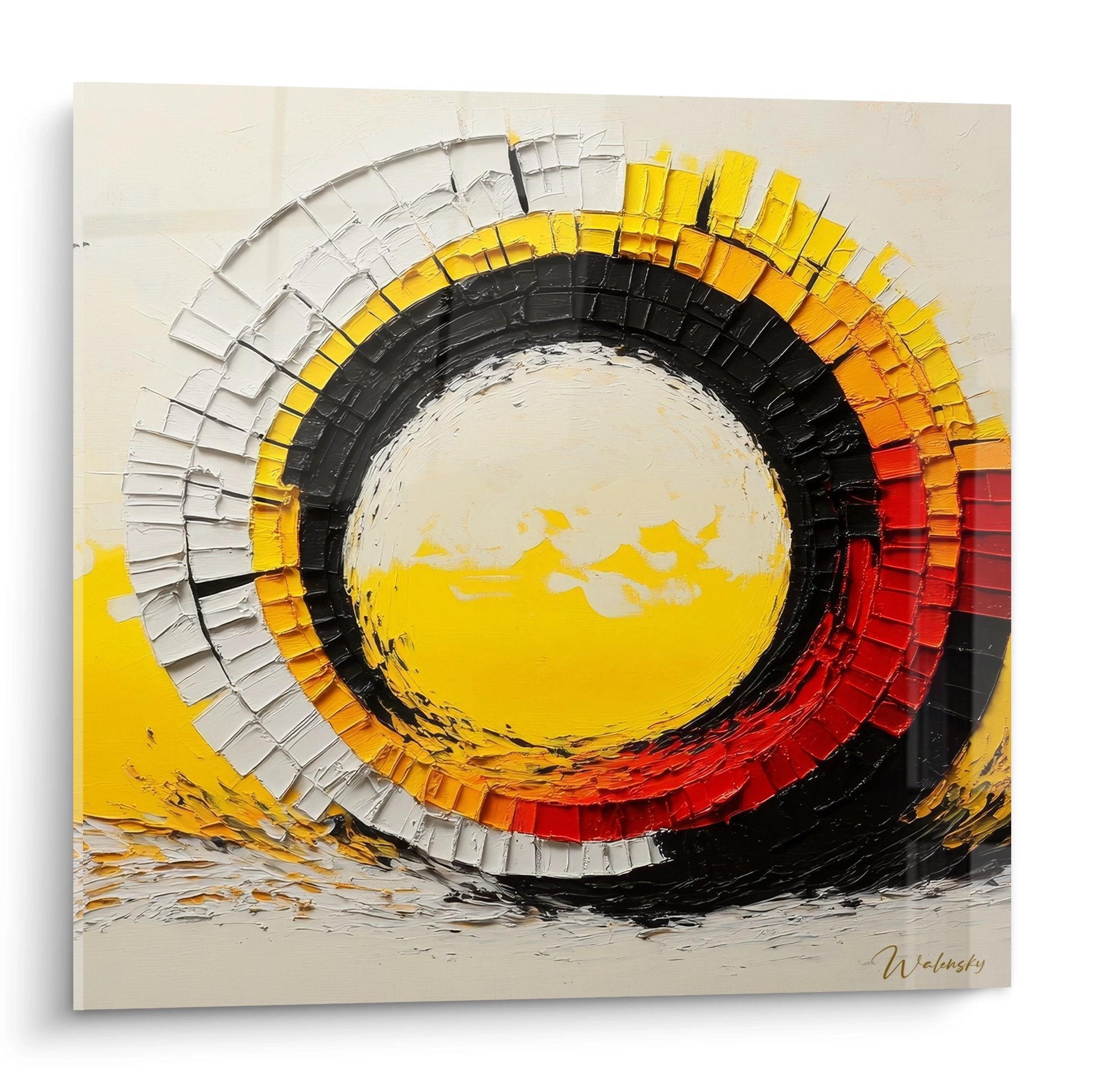 Tableau mural spirale abstraite colorée avec dégradé jaune orange rouge sur fond blanc