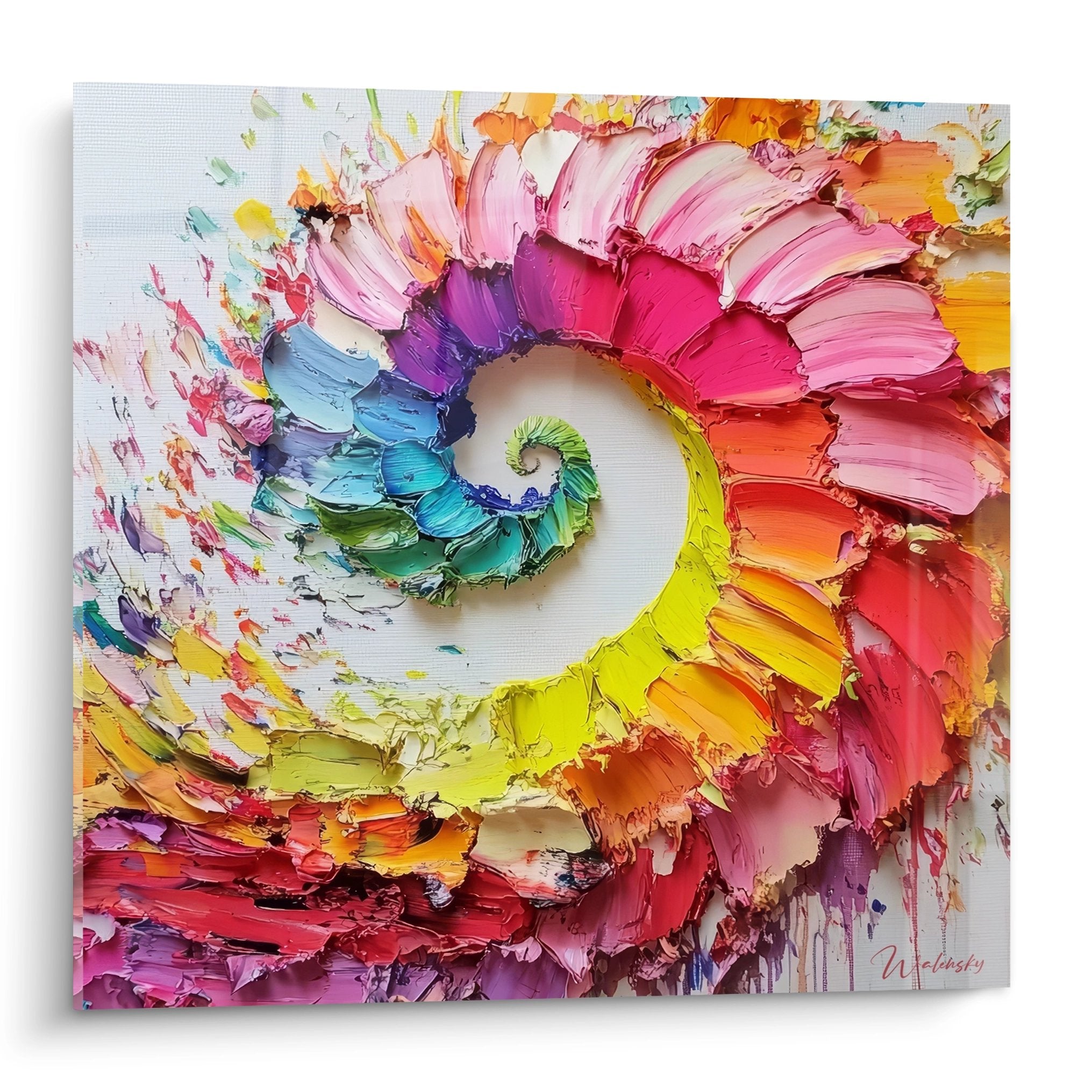 Tableau spirale abstraite multicolore avec peinture épaisse texturée aux tons vifs sur fond blanc