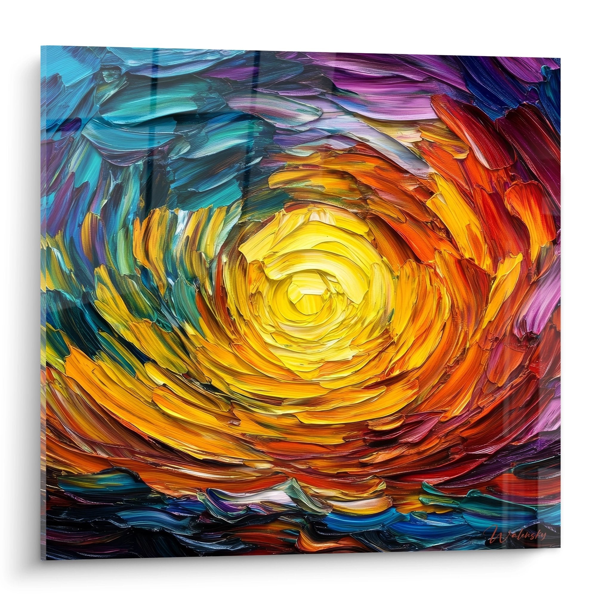Tableau spirale abstraite multicolore avec tourbillon solaire jaune orange sur fond bleu violet