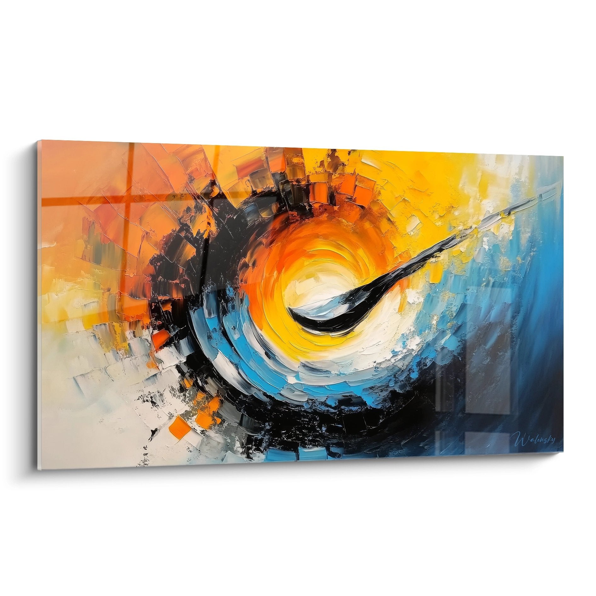 Tableau spirale abstraite moderne aux couleurs vives orange et bleu représentant un vortex cosmique énergétique