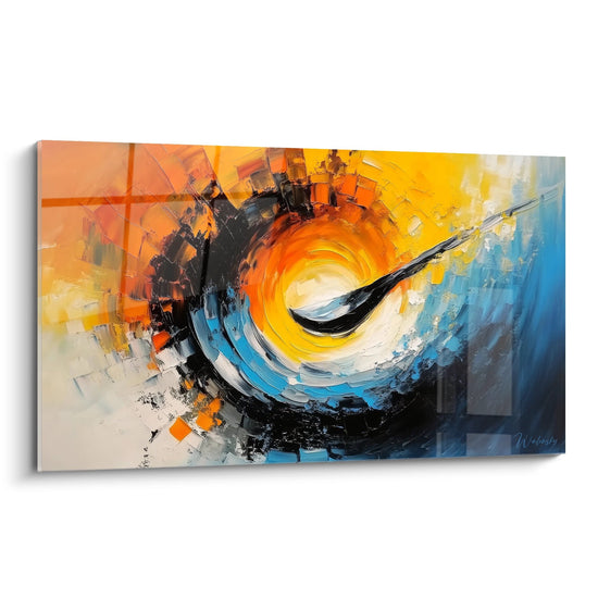 Quadro spirale astratta moderna con colori vivaci arancione e blu che rappresenta un vortice cosmico energetico