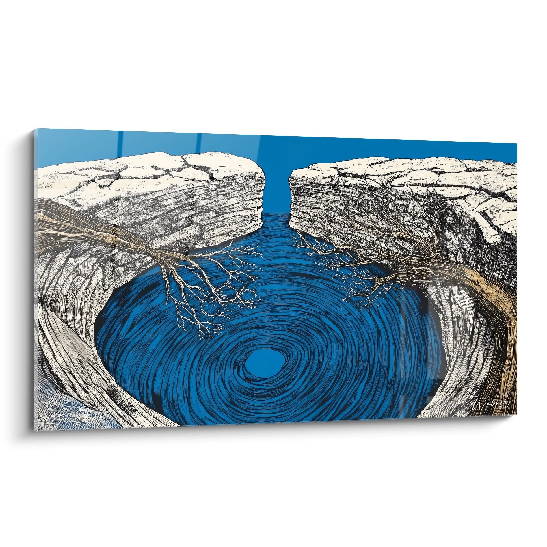 Tableau mural spirale aquatique avec trou d'eau rocheux aux motifs tourbillonnants bleus et formations calcaires