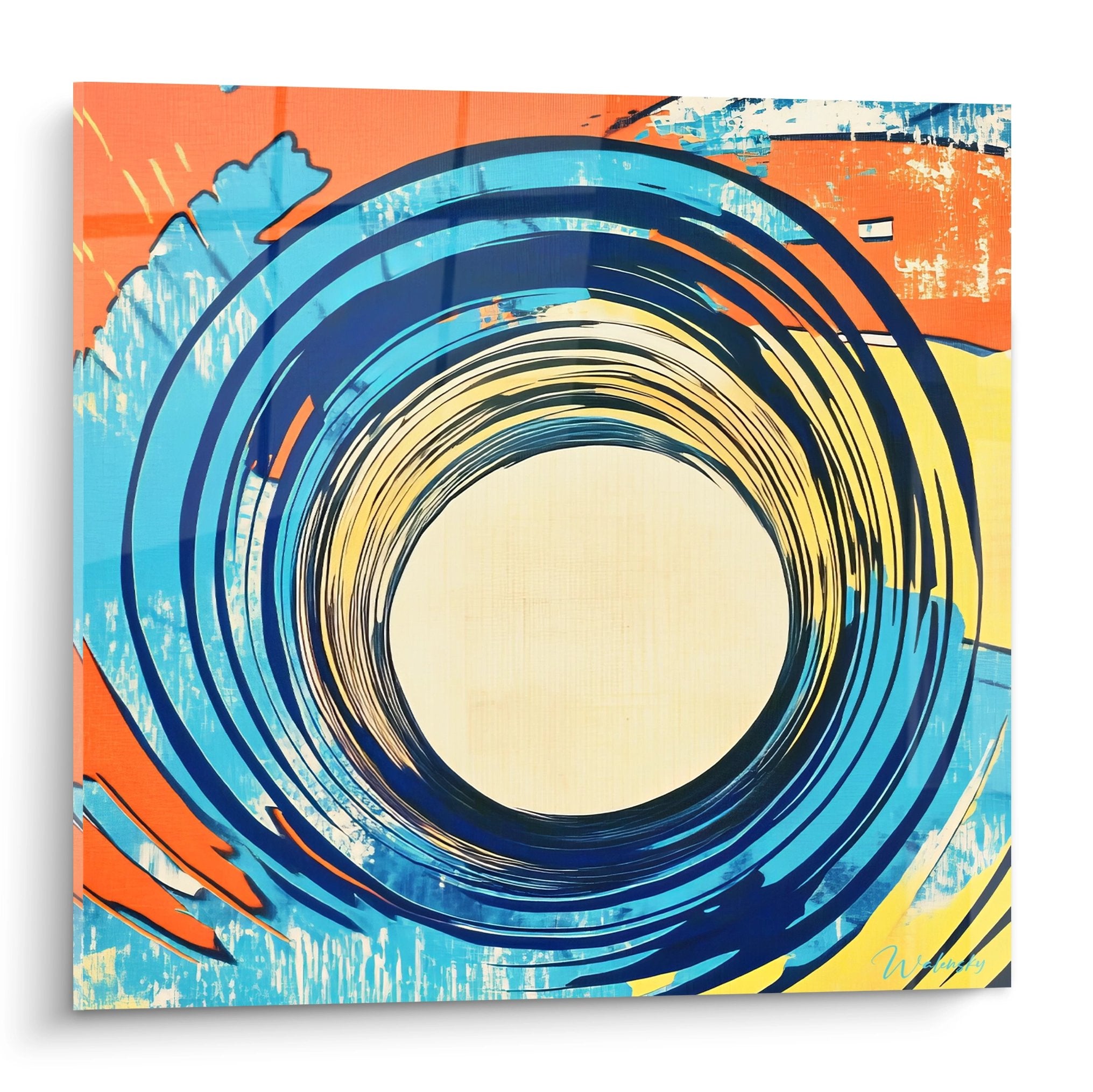 Tableau mural spirale colorée abstraite aux tons orange bleu jaune pour décoration moderne