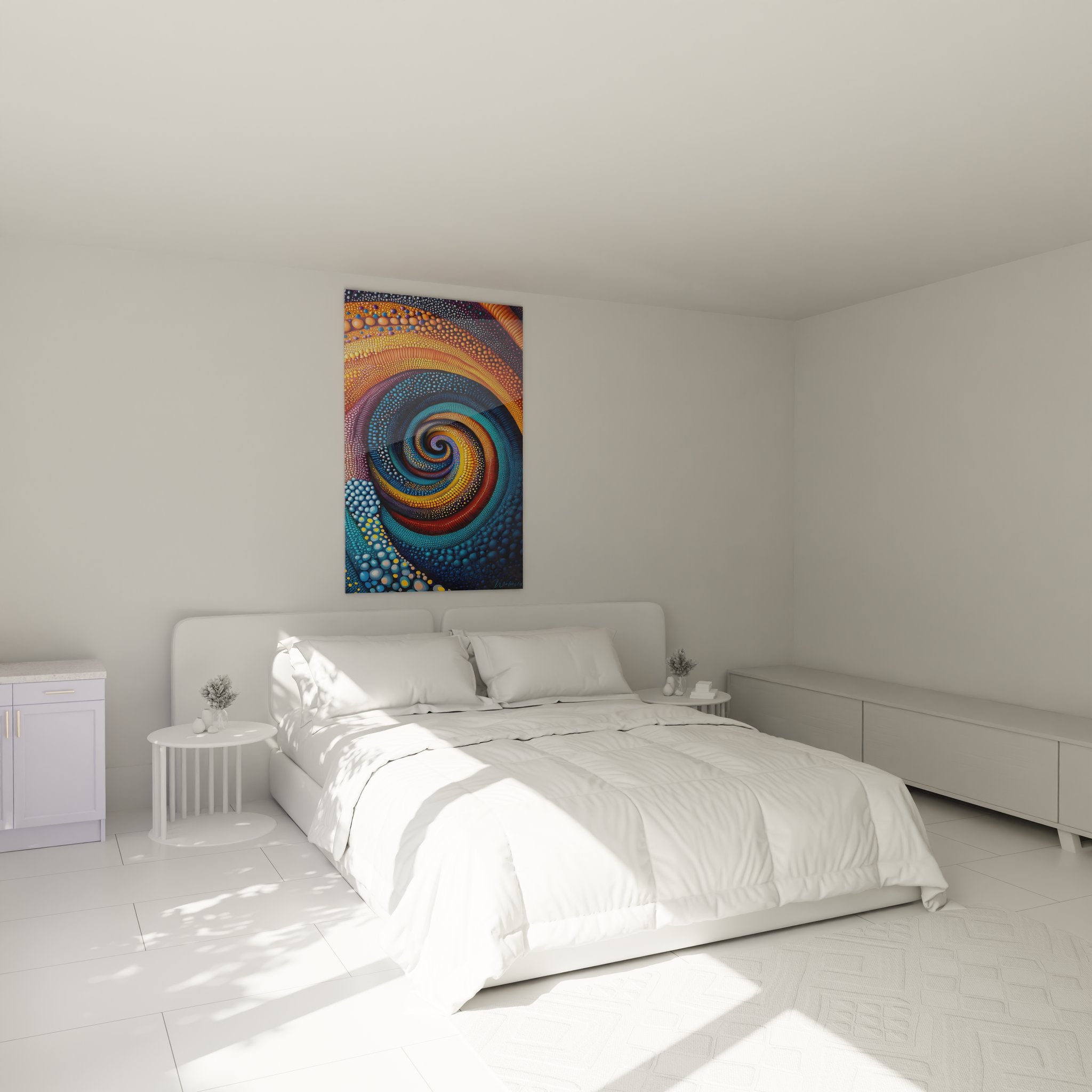 Tableau mural spirale colorée dans ambiance chambre moderne avec décoration design contemporaine
