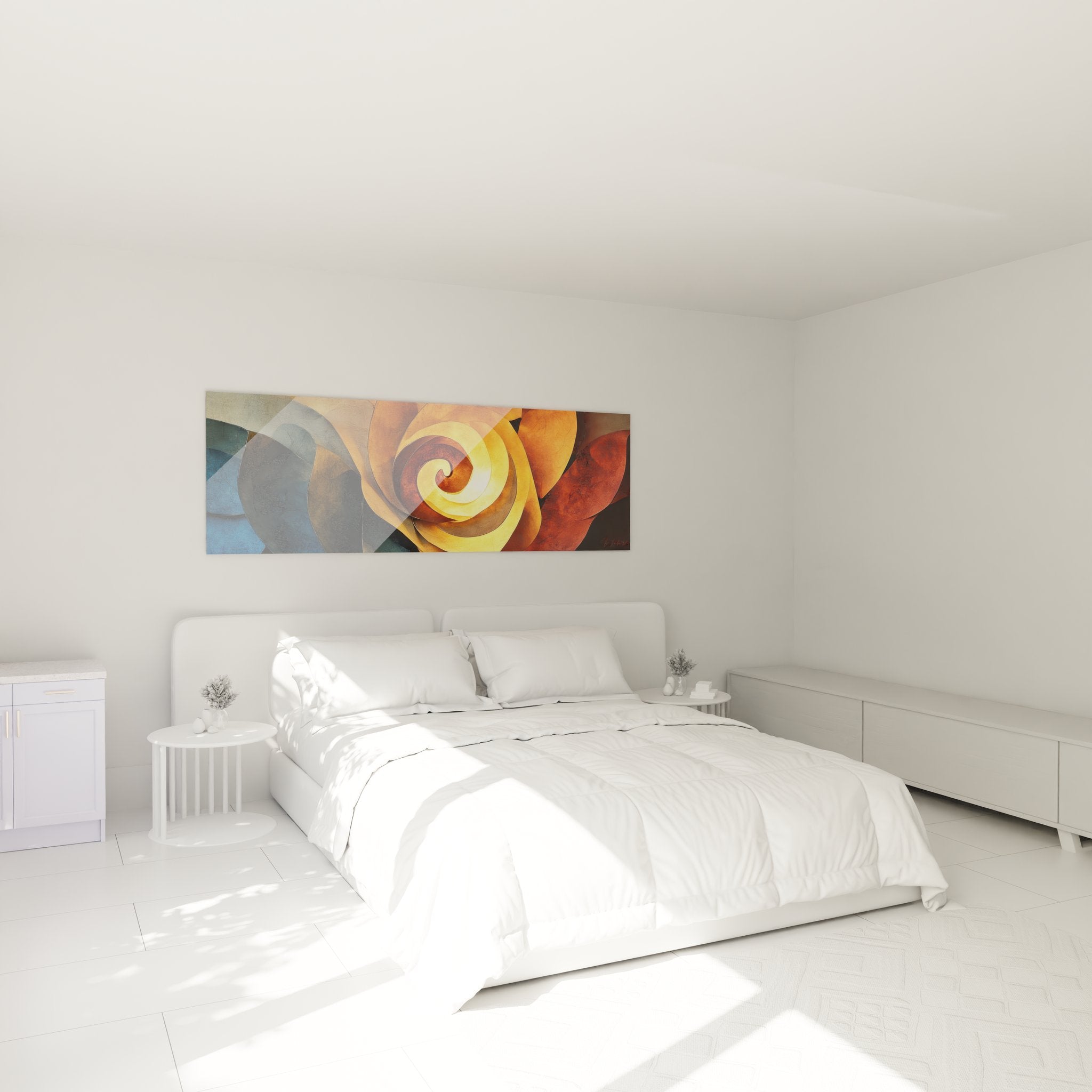 Ambiance chambre avec tableau spirale abstraite colorée panoramique décoration murale moderne